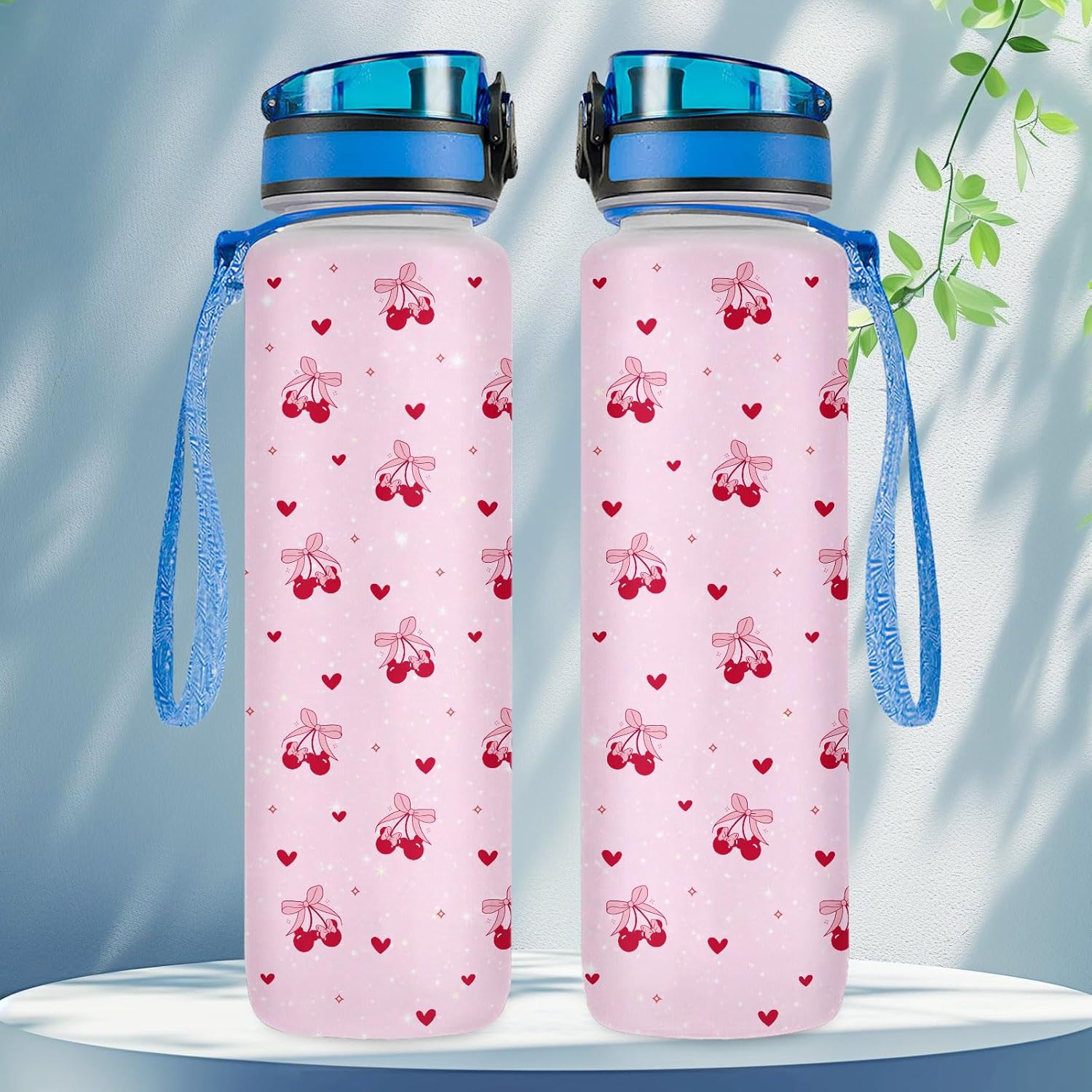 Cherry Water Bottle 32oz, Cherry Hearts Pink Kawaii Design, Plastic Bottle for Cartoon Movie Fans, Gifts for Birthday, Tritan Material, Reusable