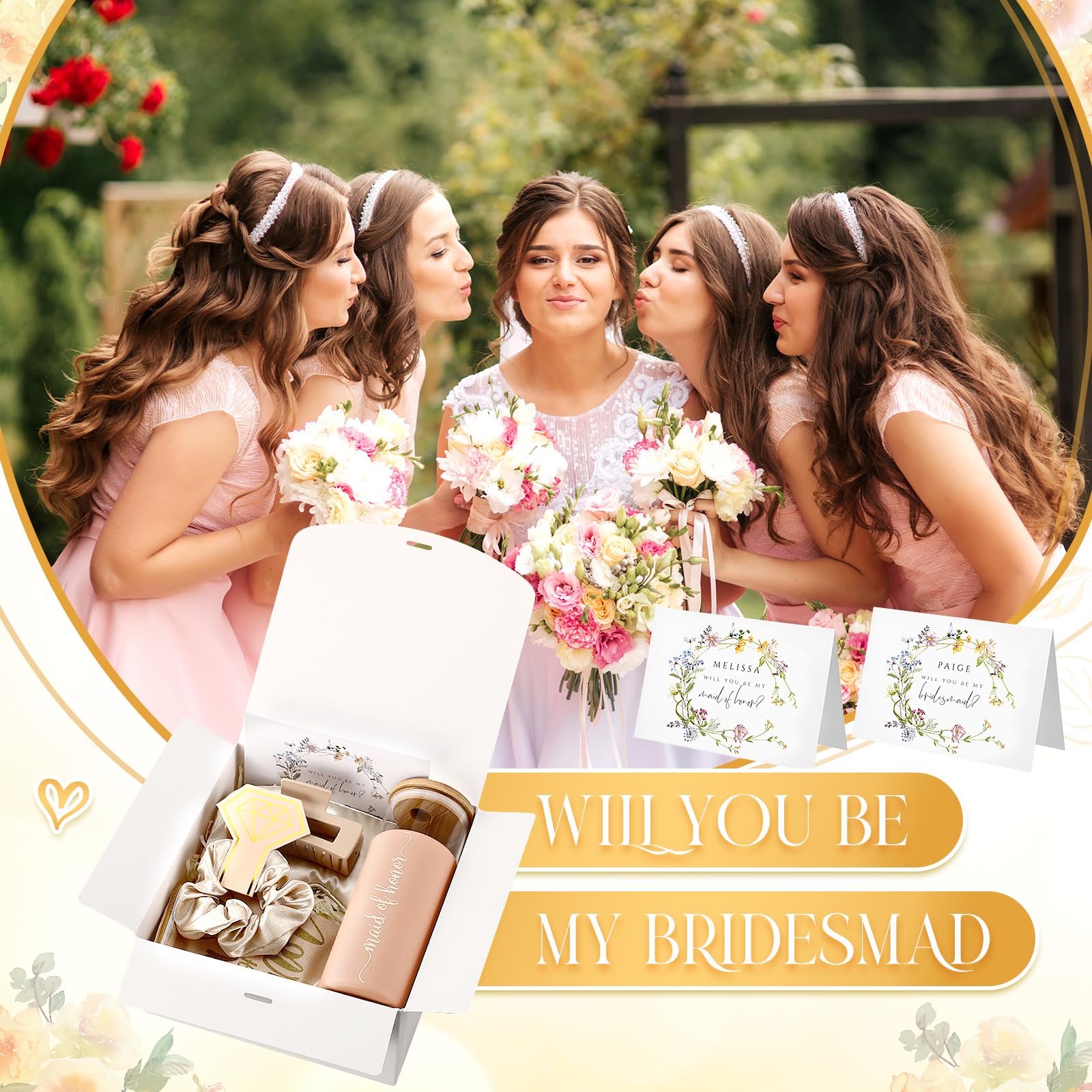 Tioncy 42 regali per proposte di damigella d'onore, include scatola regalo per addio al nubilato, matrimoni, sacchetti per il trucco, biglietti invitati, bicchieri con coperchio e paglia, elastici per