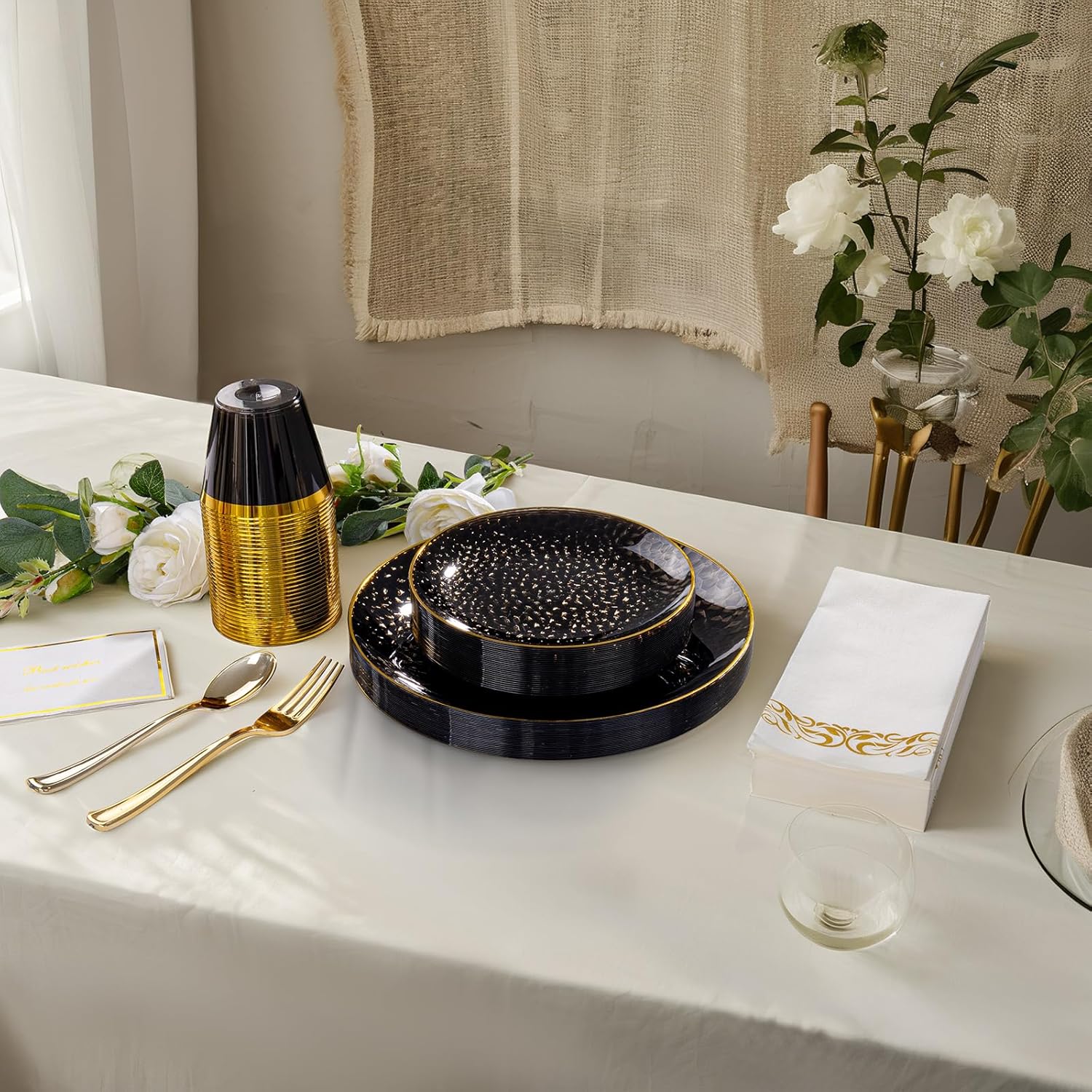 DaYammi 350PCS Clear Black and Gold Plastic Dinnerware Set for Party, Hammered Disposable Plates for Party, Include: 50 Dinner Plates, 50 Dessert Plates 150 Gold Silverware 50 Napkins 50 Cups - Image 2