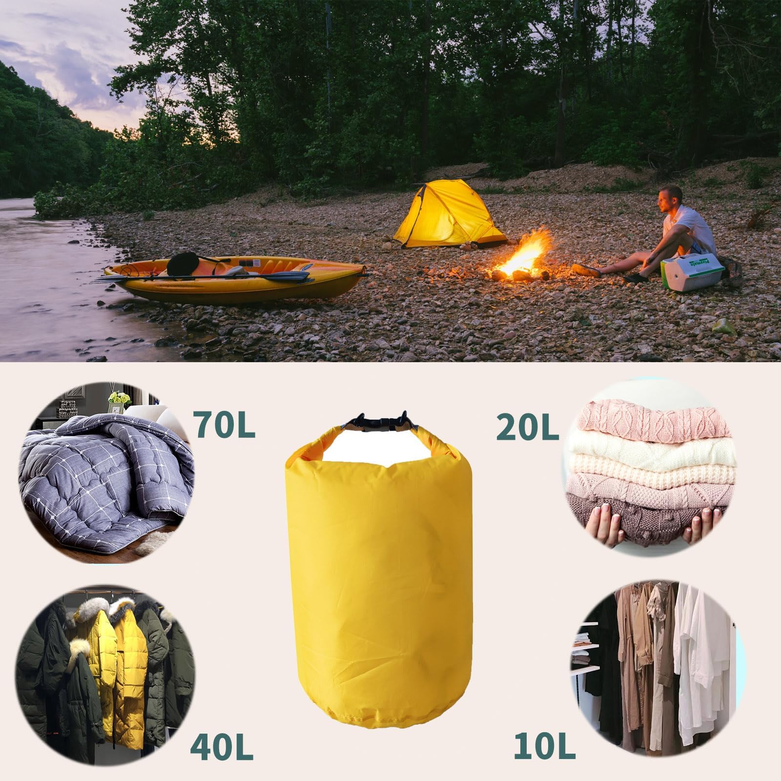 Bolsas secas impermeables, ultraligeras, 10L/20L/40L/70L, bolsa enrollable para kayak, playa, rafting, canotaje, senderismo, camping, natación (negro, 40 L)