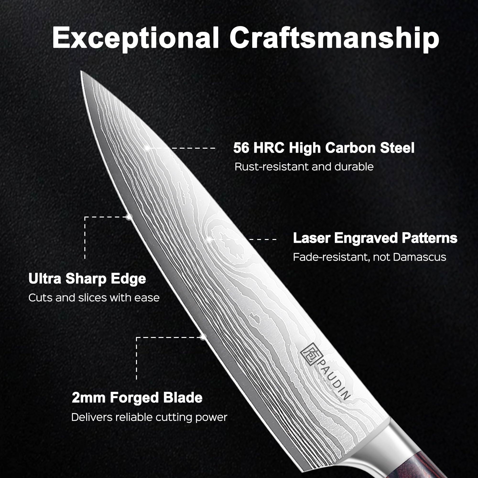 PAUDIN Kitchen Knife Set, 3 Piece High Carbon Stainless Steel Professional Chef Knife Set with Ultra Sharp Blade & Wooden Handle (Kitchen Knife Set 3 Pcs) — Amazon image 3