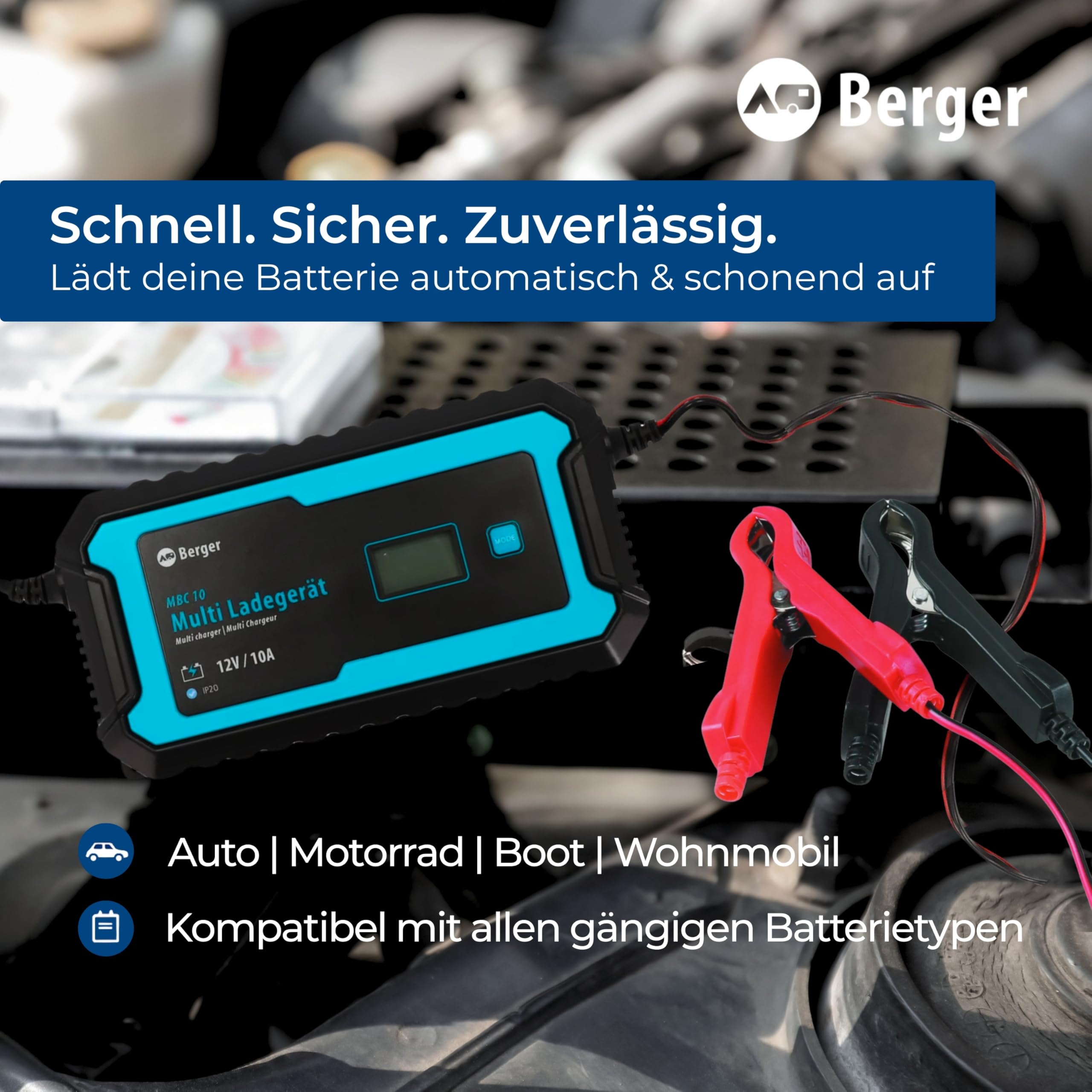 BERGER Multi Batterie Ladegerät MBC | 12V Ladegerät für Autobatterie mit LCD-Display & Schutzfunktionen | Vollautomatisches Batterieladegerät | Für AGM, Gel, Wet, MF, Blei-Säure | IP65 (MBC 10)