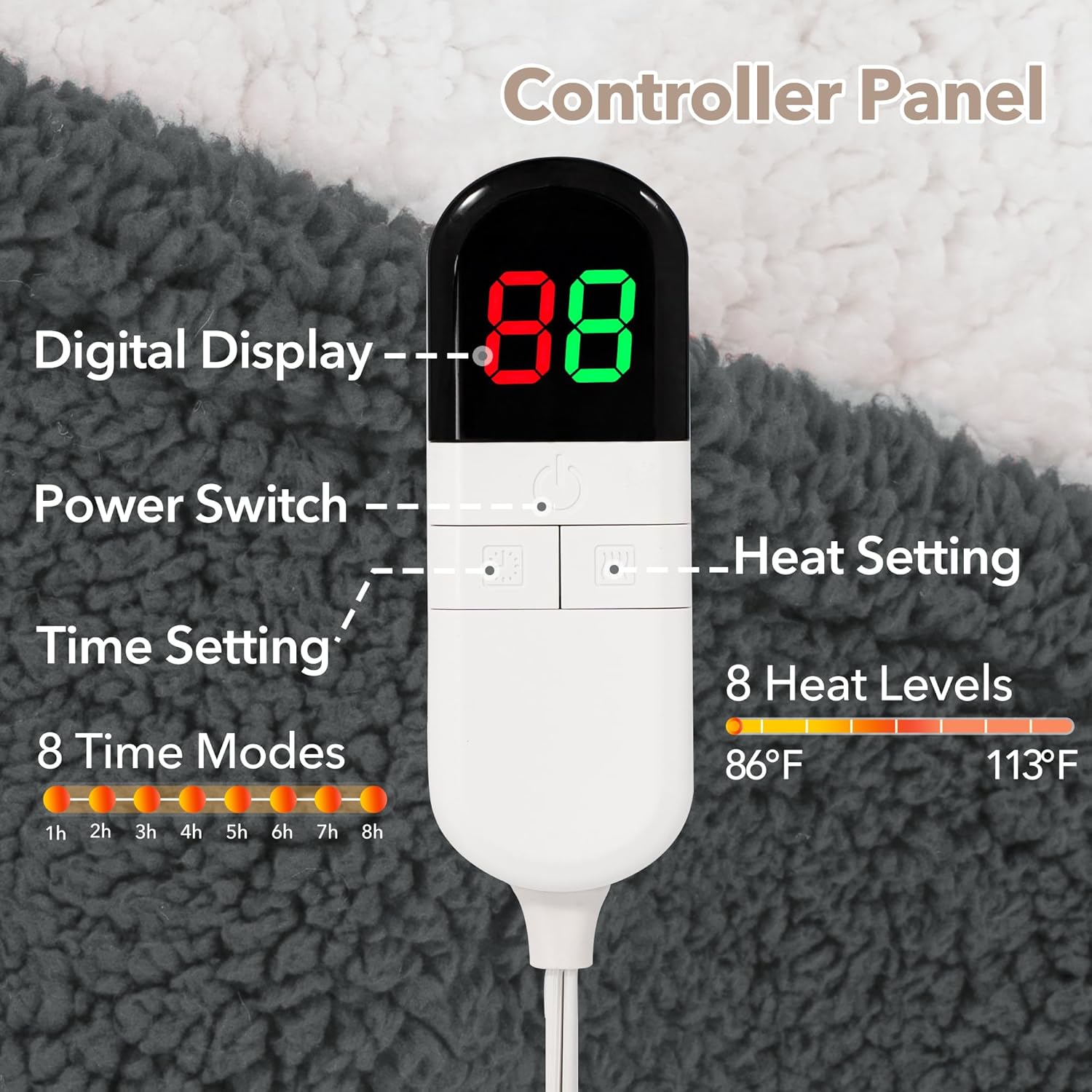 MAXEVE Heated Blanket Electric Throw 50"x60" Soft Double Sided Sherpa Heating Blanket with 8 Fast Heating Levels & 1-8H Auto-Off, Over-Heat Protection, Machine Washable, ETL Certification, Grey - Image 3