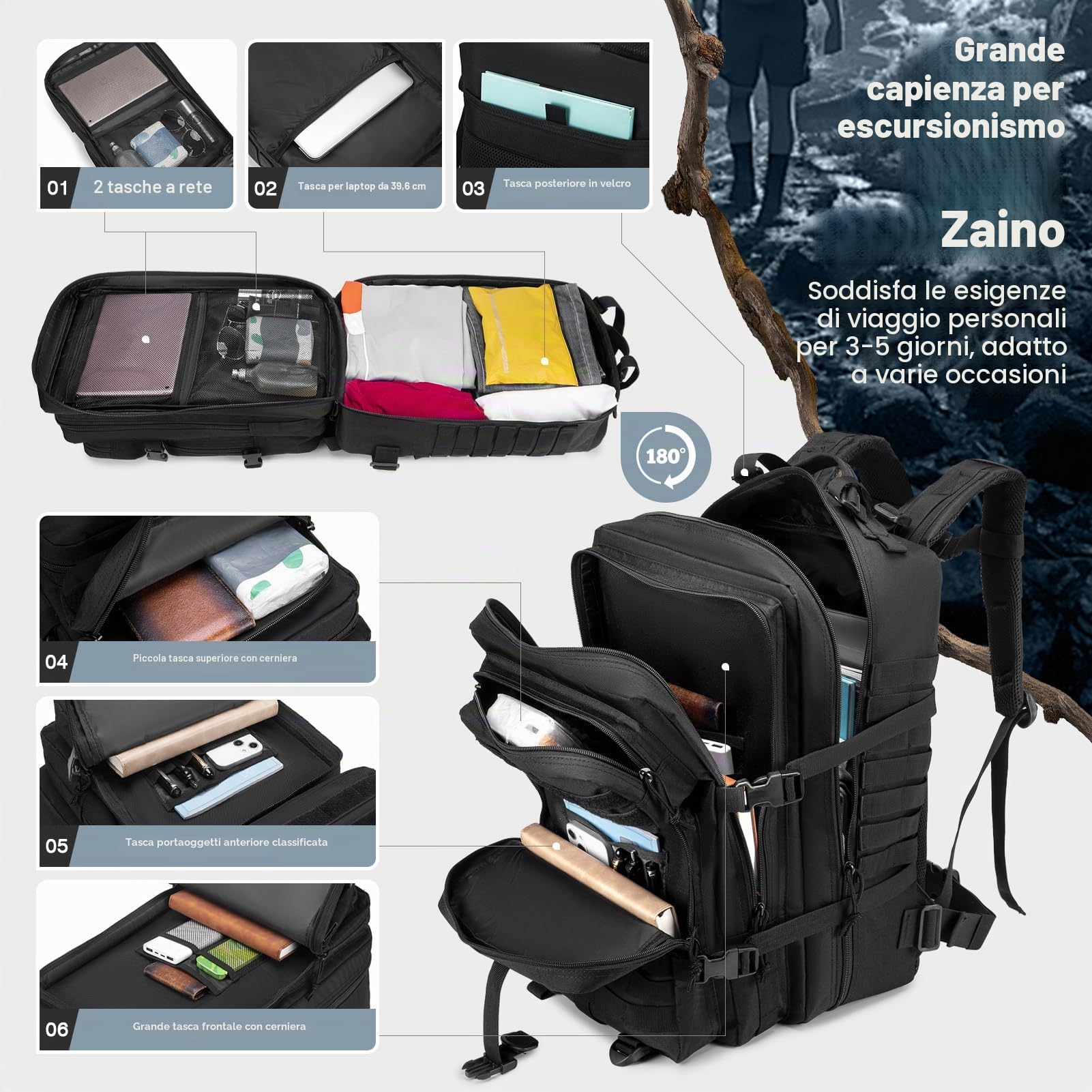 SPAHER 50L Zaino Militare Tattico Molle Assalto Viaggio per Donna Uomo Zaino da Trekking 800D Oxford per Escursionismo Alpinismo Sport Campeggio Survival