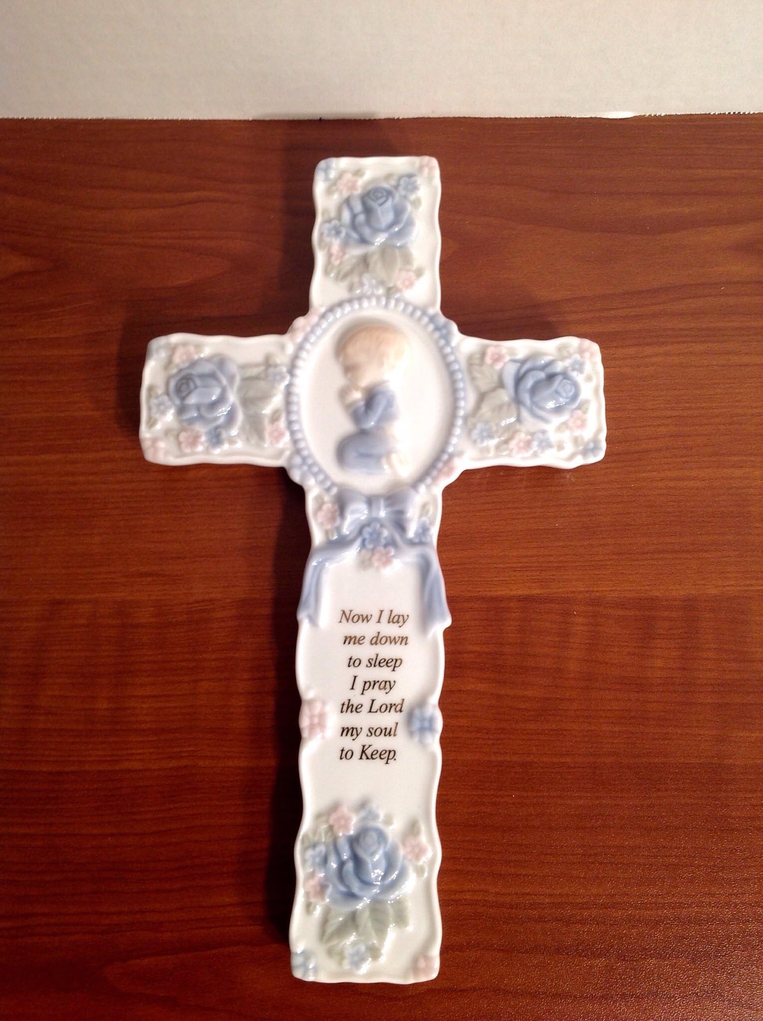 Joy Jewelers 9in Praying Boy Ceramic Wall Plaque Cross - Blue Floral - Traditional Religious Wall Decor - Nursery