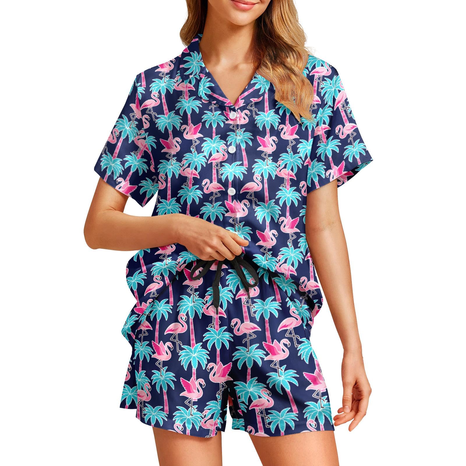 Funny Pajamas for Women Set Print Satin Loungewear Pjs Short Sleeve Button Down Top and Shorts Sets Sleepwear XS-3XL