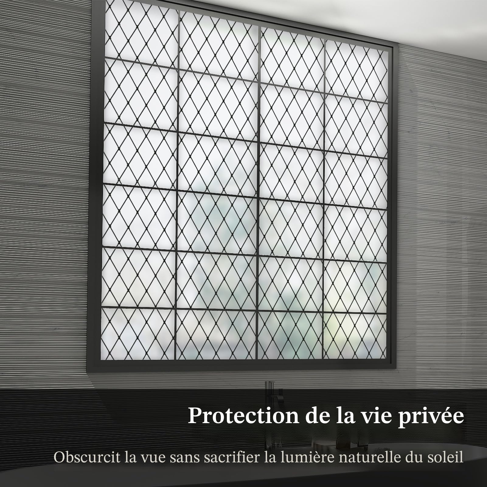 Film Dépoli pour Vitre à Treillis Noir, Film Intimité, 90x400cm | Film de Vitrage Dépoli Répositionnable, Film Décoratif pour Vitre, Électrostatique, Anti-UV pour Maison, Bureau