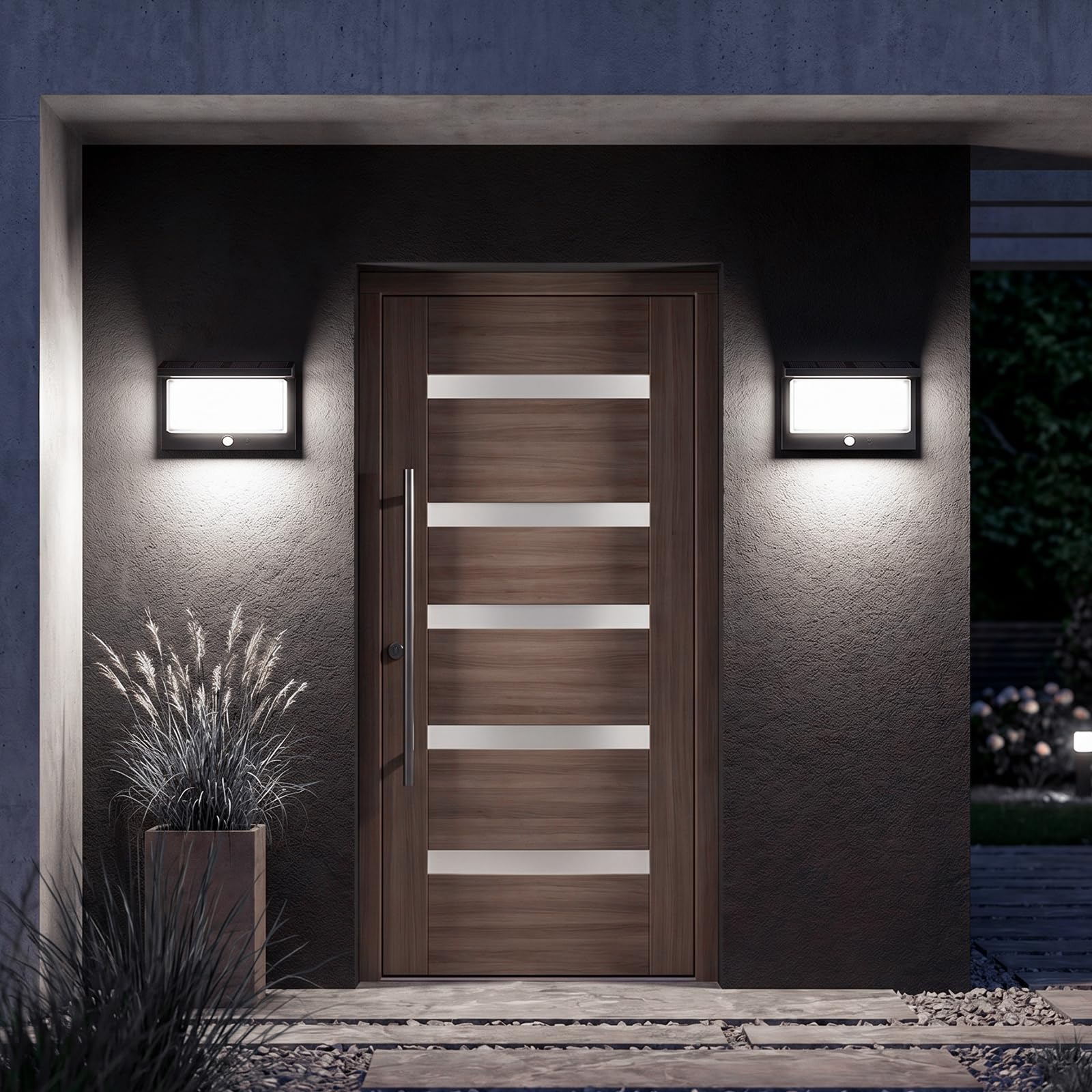 2 Pezzi Lampada Solare Esterna con Sensore di Movimento IP65 6500K Bianco Freddo Accensione/Spegnimento Auto, LED Impermeabile per Giardino, Terrazza, Ingresso e Percorsi