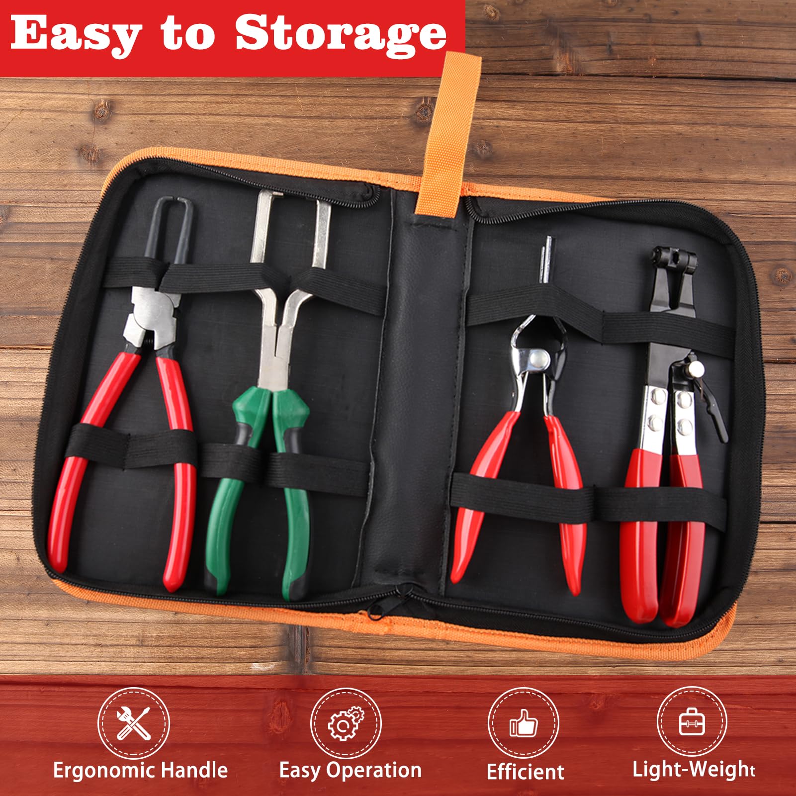 Keadic 4-Piece Fuel Line Pliers Set – 9" Hose Clamp Pliers, Swivel Flat Band Pliers, Fuel Filter Calipers, And Clip Remover – Carbon Steel, Non-Slip Grips, Zipper Storage Bag