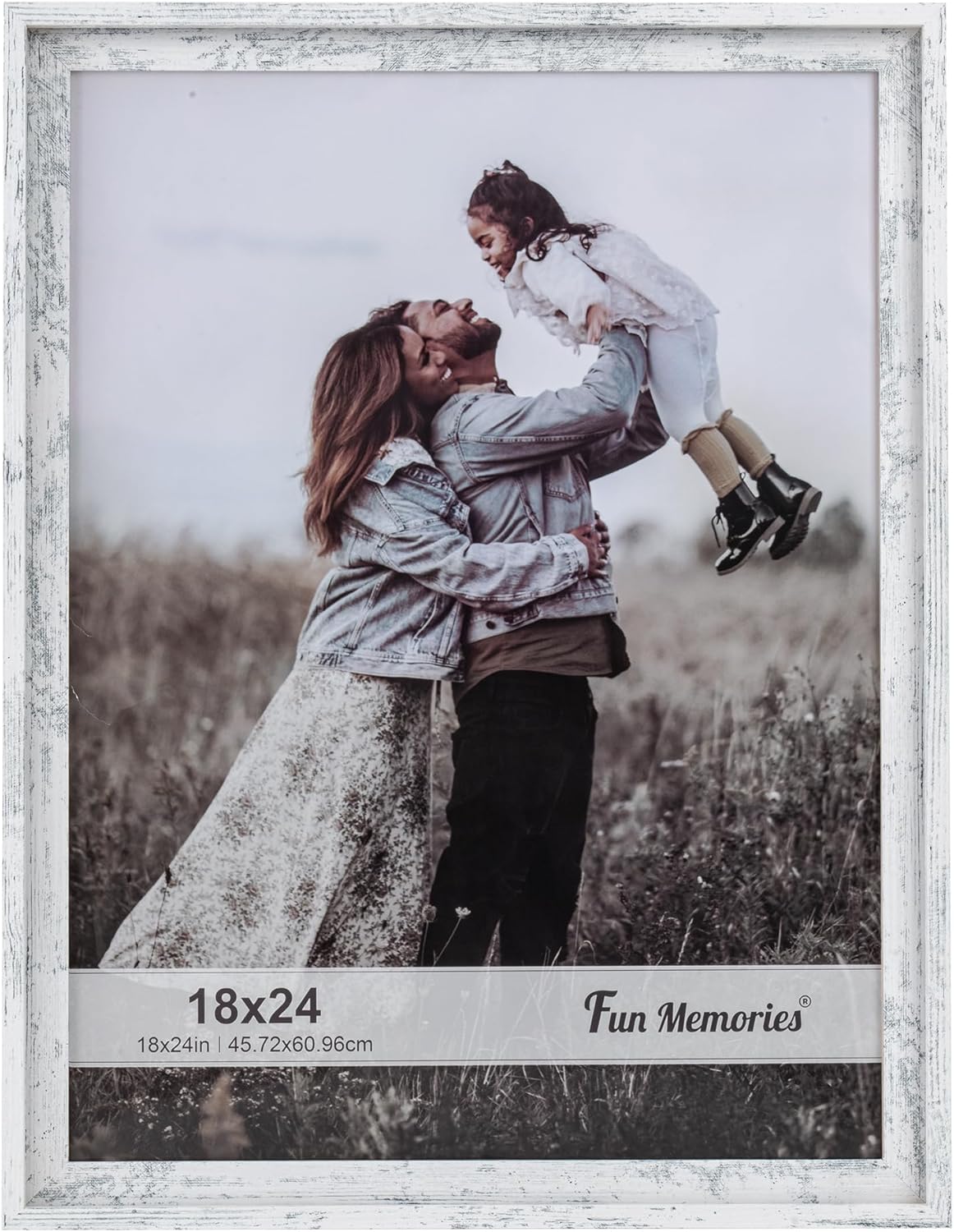 Fun Memories Rustic 18x24 Picture Frame, Wood Picture Frame with HD Plexiglass Set, Farmhouse Wood Pattern Frame Wall Mounting or Table Display for Photos Posters (Distressed White) Distressed White 18x24