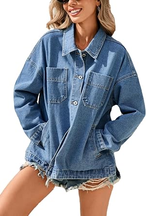 LifeShe Denim Jacket for Women Button Down Jean Jackets Oversized Shacket