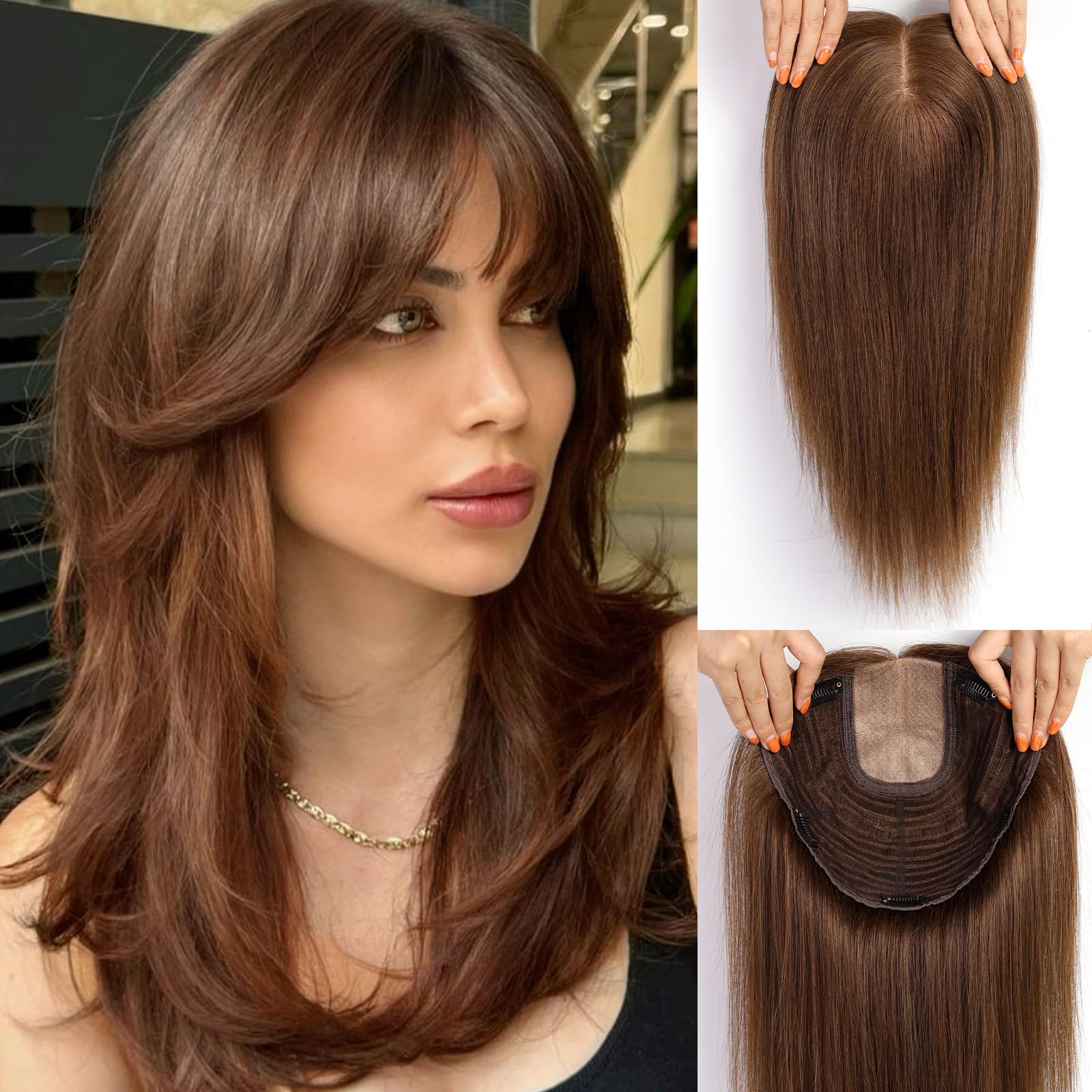 HAIRCUBE 16 inch Hair Toppers for Women Real Human Hair 7 * 8inch Large Base with Bangs,Top HairPieces Human Hair Toppers for Women with HairLoss or