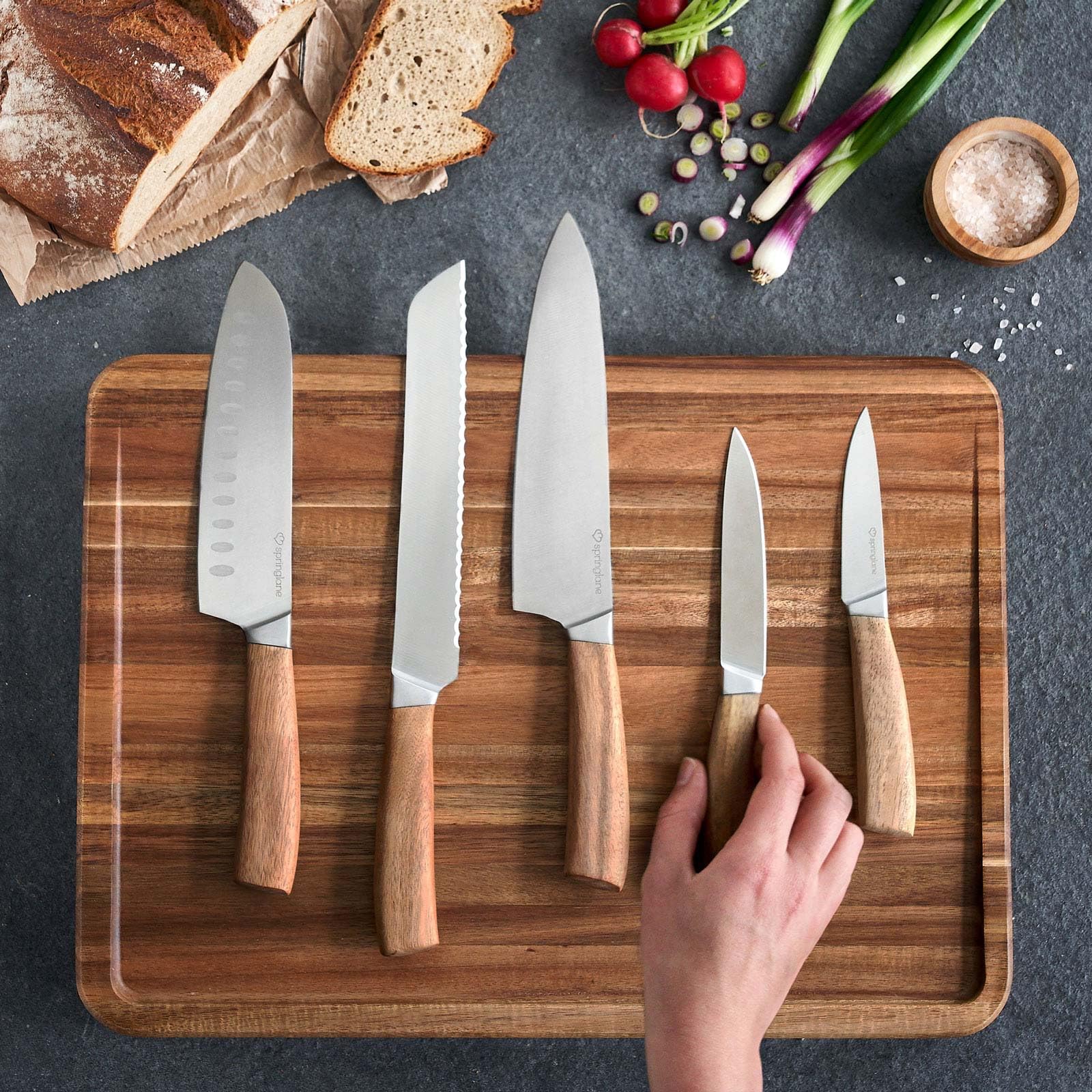 Set Coltelli SPRINGLANE Con Blocco In Ceramica - 5 Coltelli In Acciaio Inox E Manico In Legno Di Acacia - Per Cucina - Foto 6