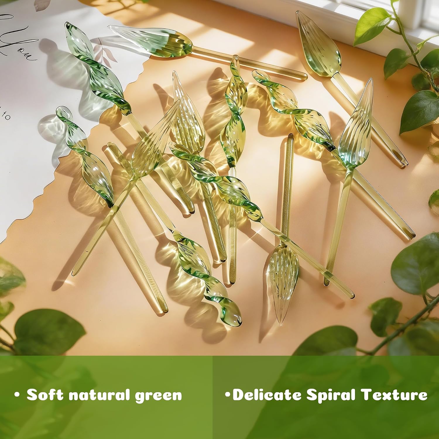 H&D HYALINE & DORA 12 Pcs Cute Mini Blown Glass Artificial Green Lucky Leaf Handmade Leaves Figurines Craft Vase Ornaments for Vanity Table Decor Birthday Gifts for Women