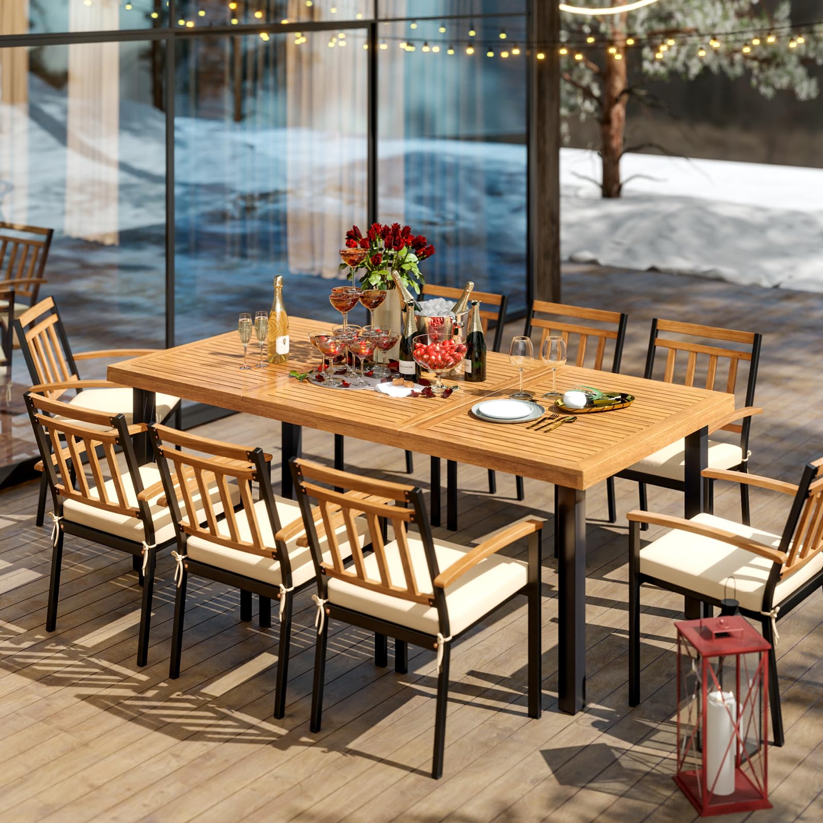 KOMFOTTEU Mesa de Jardín de Madera de Acacia, Mesa de Comedor con Agujero para Sombrilla, Mesas Rectangular para 8 Personas, 200 x 90/100 x 75 cm, para Terraza, Balcón, Patio (Modelo C)