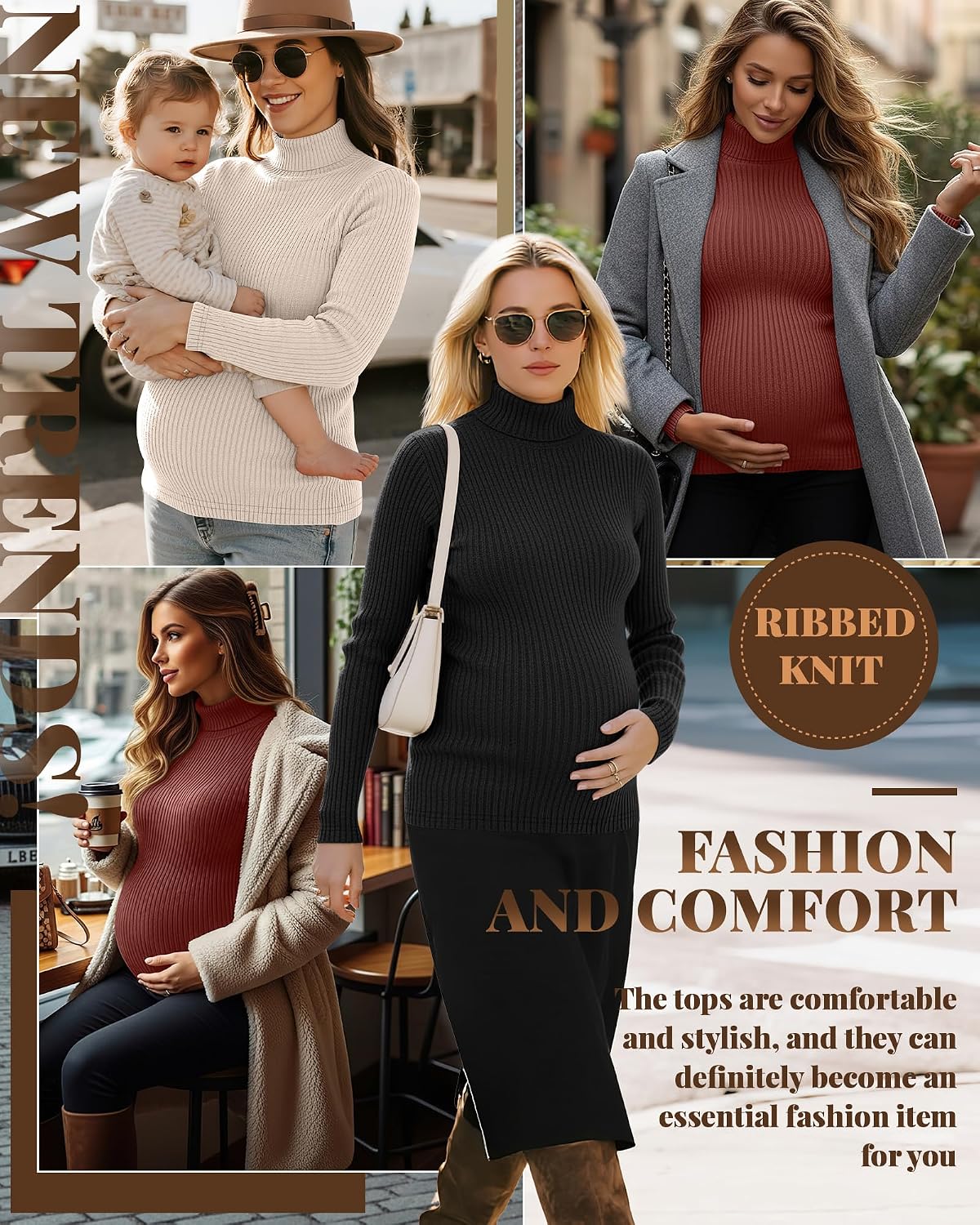 3 Pack Women's Maternity Shirts Ribbed Turtleneck Top