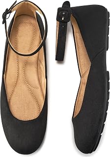 Ballet Flats Shoes for Women: Comfortable Round Toe Ankle Strap Slip on Casual Dress Flat for Office Work Business