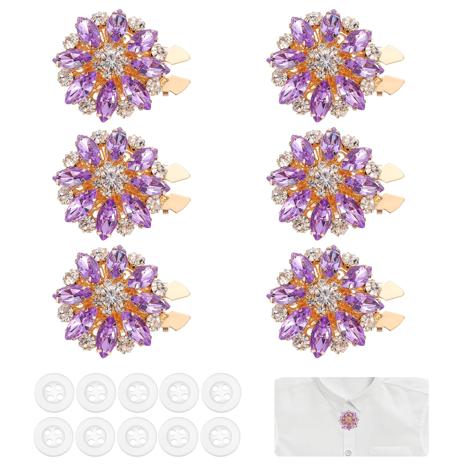 PATIKIL 6 Pcs Rhinestone Button Covers Decorative Clips with 10 Pcs White Sewing Buttons Detachable Marquise Sewing Replacement for Women Men DIY Crafts Accessories (Light Purple/Gold)