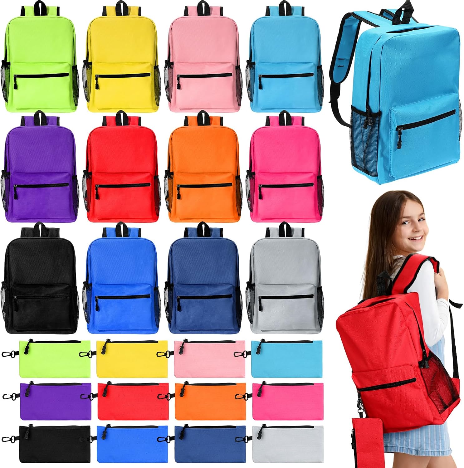 Aliceset 24 Pack 15 Backpacks Bulk with 24 Pencil Cases, Sch