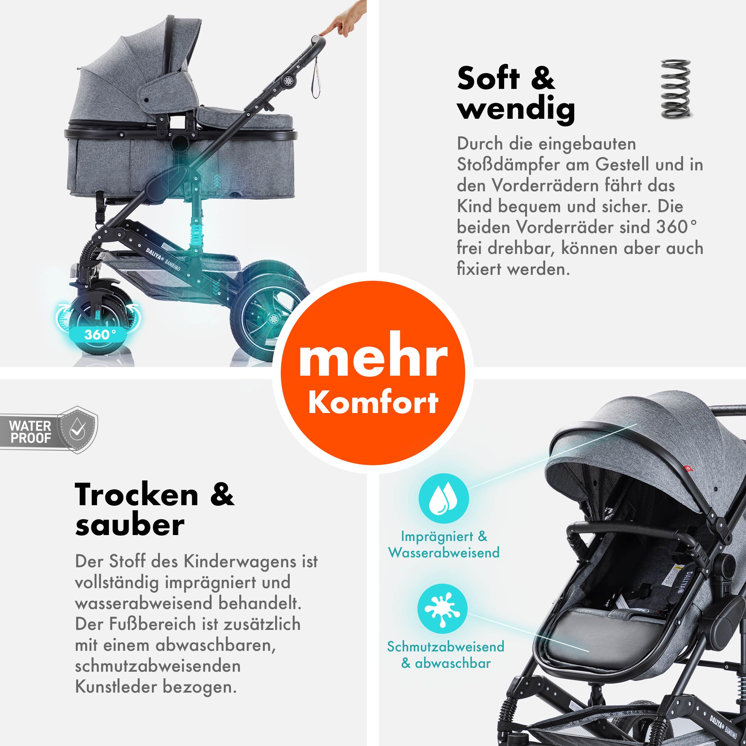 Daliya BAMBIMO 3in1 Kinderwagen & Buggy Set mit i-Size Babyschale ECE R129 Kombikinderwagen ab Geburt bis 22 kg pannensichere Räder Federung höhenverstellbar Dunkelgrau Rahmen Schwarz