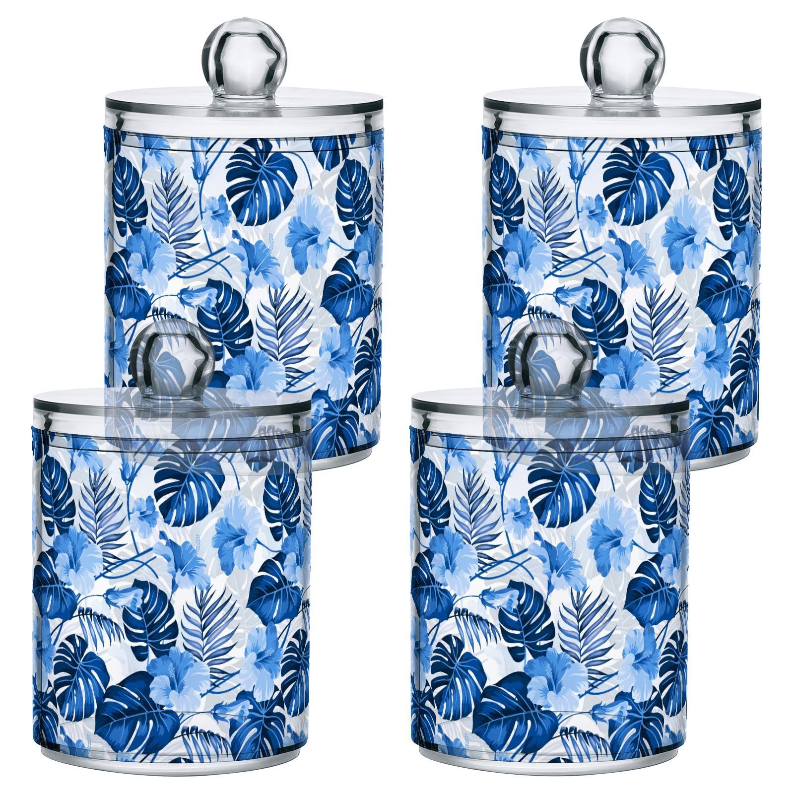 JJoias Blue-tropical-leaves-white Qtip Holder Dispenser, Apothecary Jars, Cotton Balls Pads Swabs Holder Jar, Organizers with Lid, 2 pack