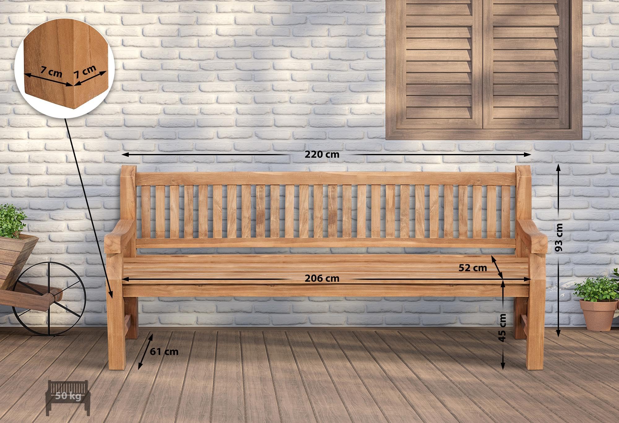 CLP Panca in Teak Jackson V2 I Panca in Legno Resistente alle intemperie con Schienale I in Legno Massiccio di Teak, Colore:Teak, Dimensione:220 cm