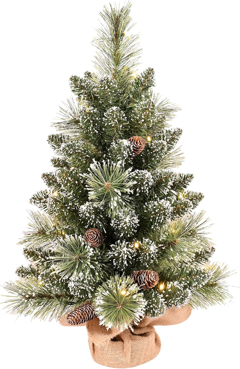2FT Pre-lit Mini Christmas Tree with Warm LED Lights, Frosted Fir Branches, Pinecones, Battery-Operated with Timer, Burlap Base – Ideal for Tabletop, Apartments, and Compact Spaces