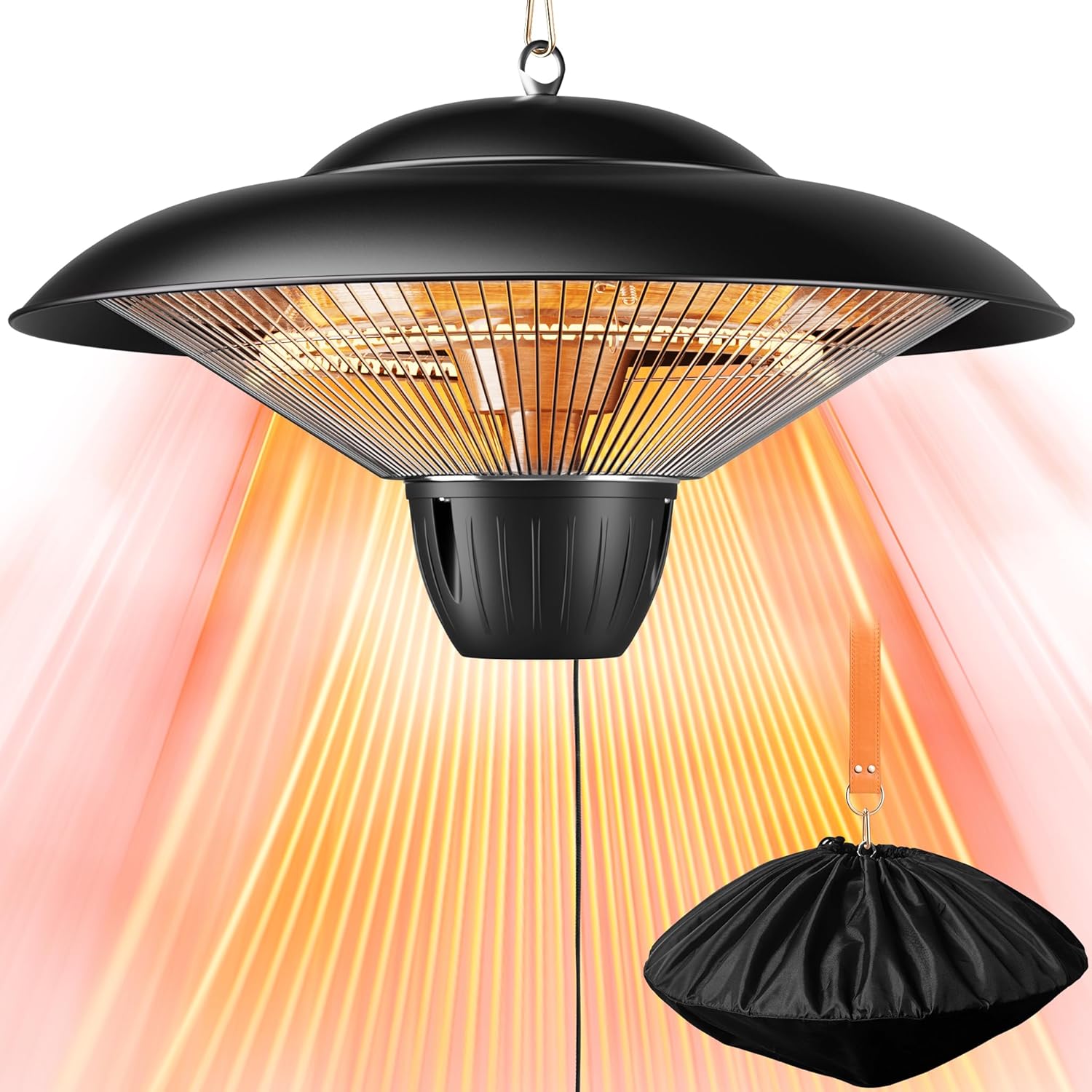 Outdoor Patio Heater, 1500W Electric Hanging Patio Heater, Ceiling Mounted Heater for Balcony, Infrared Heater for Courtyard, Garage, Patio, IP34 Waterproof (Black with Leather rope)