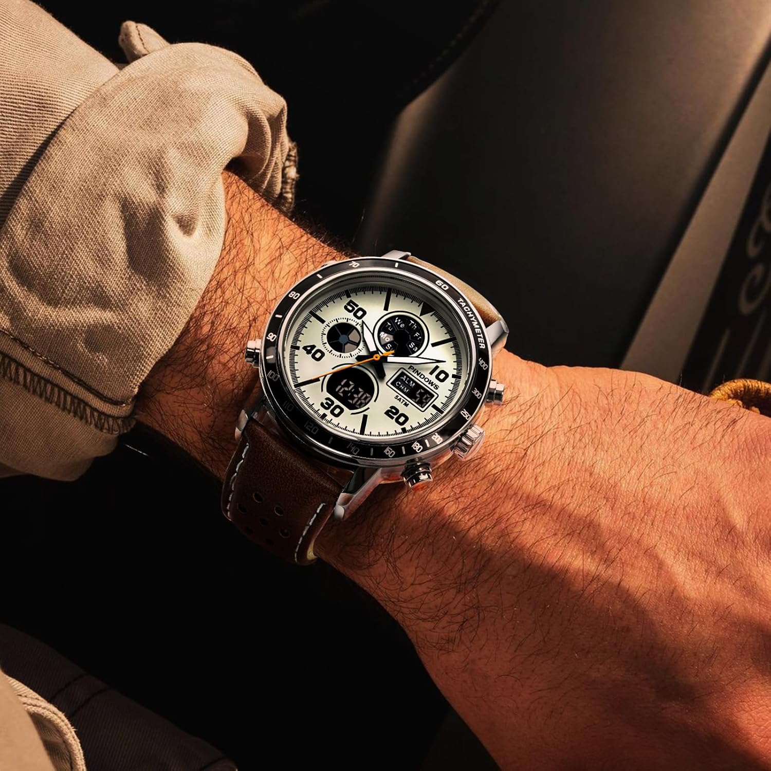 PINDOWS Watches for Men, 30M Waterproof Military Digital Analog Outdoor Sport Watch Multifunctional Wristwatch with Dual Time LED Backlight Alarm Stopwatch Calendar - Image 6