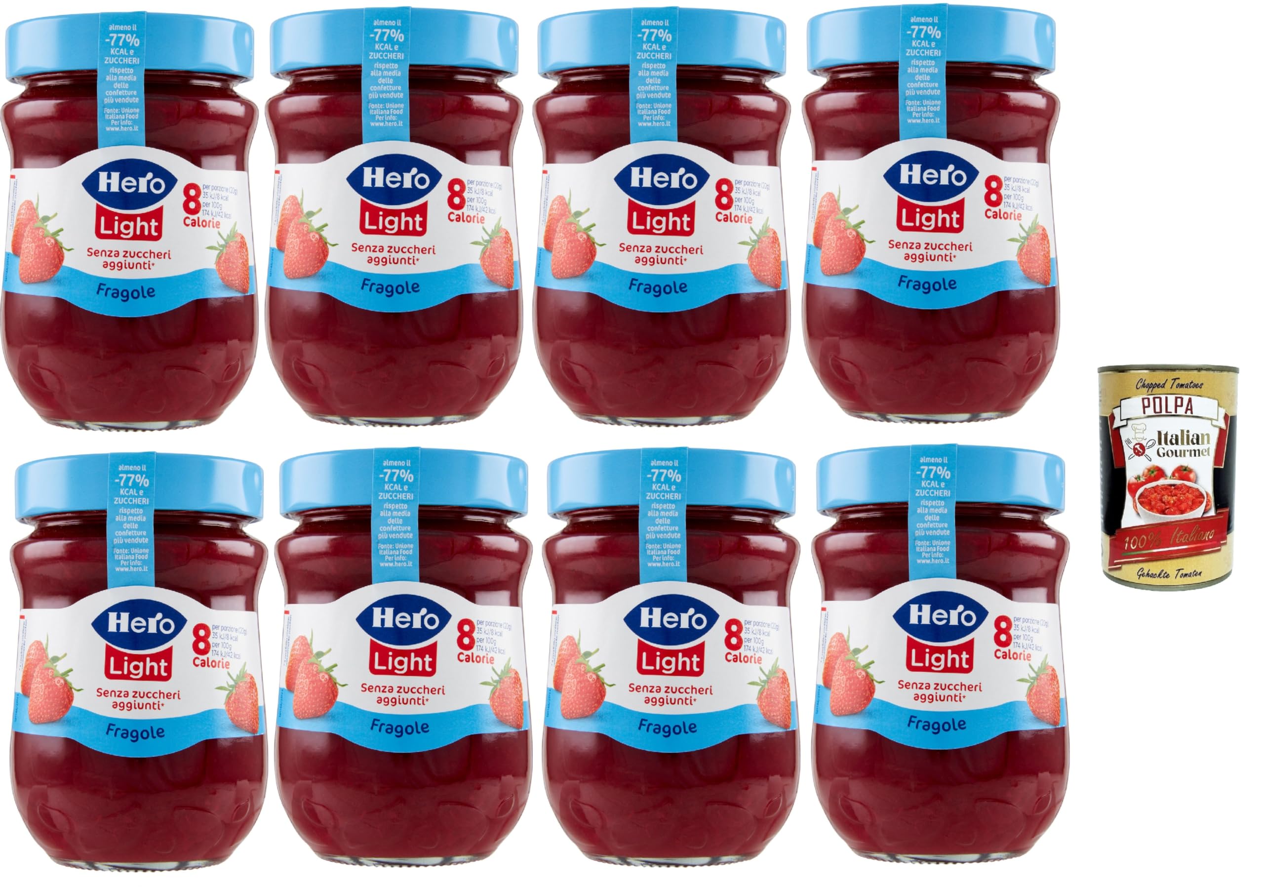 Hero Light Erdbeeren Marmelade, 8 Gläser 280 g, ohne Konservierungsstoffe, ohne Farbstoffe + Italian Gourmet polpa 400g