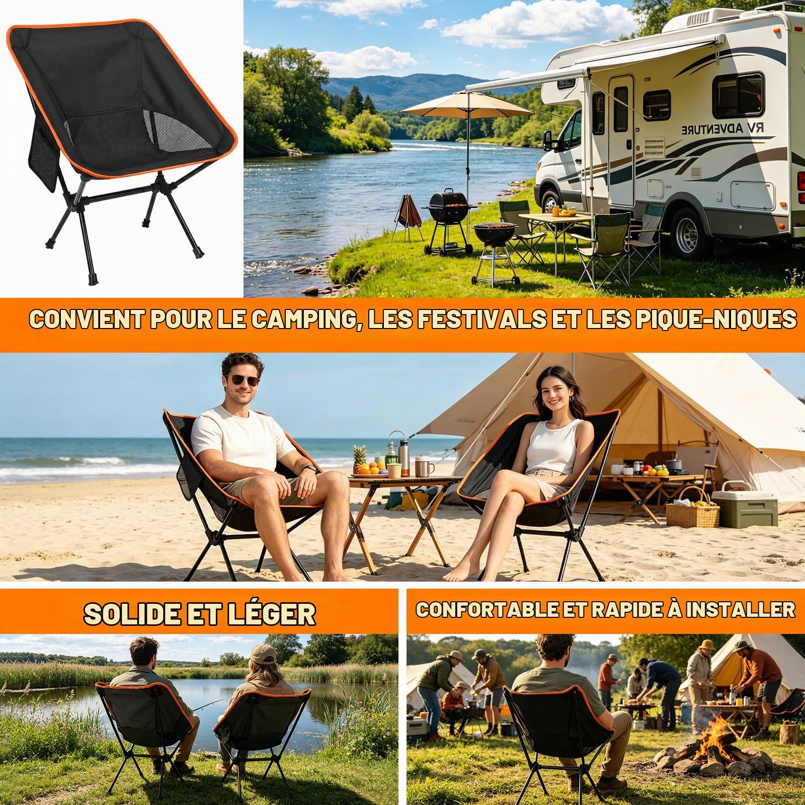 Chaises de Camping Pliantes Portable, Compacte Ultra Légère et Portable Chaise de Camping Pliable avec Sac de Transport pour Pique-Nique, Camping, Pêche, Randonnée, Extérieur