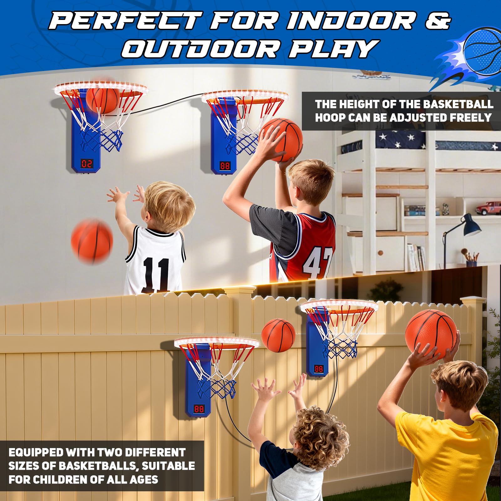 TERRAMUS Mini canasta de baloncesto, 2 canastas de baloncesto con marcador electrónico, aro interior de altura ajustable para niños, 4 pelotas, 1 bomba de aire, regalo para Navidad o cumpleaños