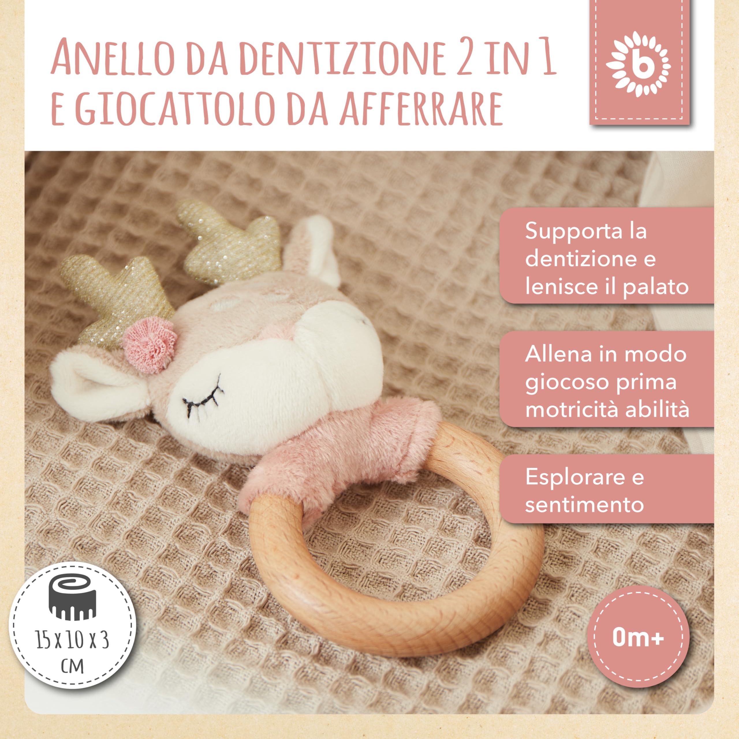 Bieco Sonaglio ad anello per neonati | Cervo Ø 10 cm | Lunghezza 17 cm | Sonaglio giocattolo con anello in legno | Giocattoli sensoriali | Giocattoli per bambini 0-6 mesi | Sonaglio in tessuto |