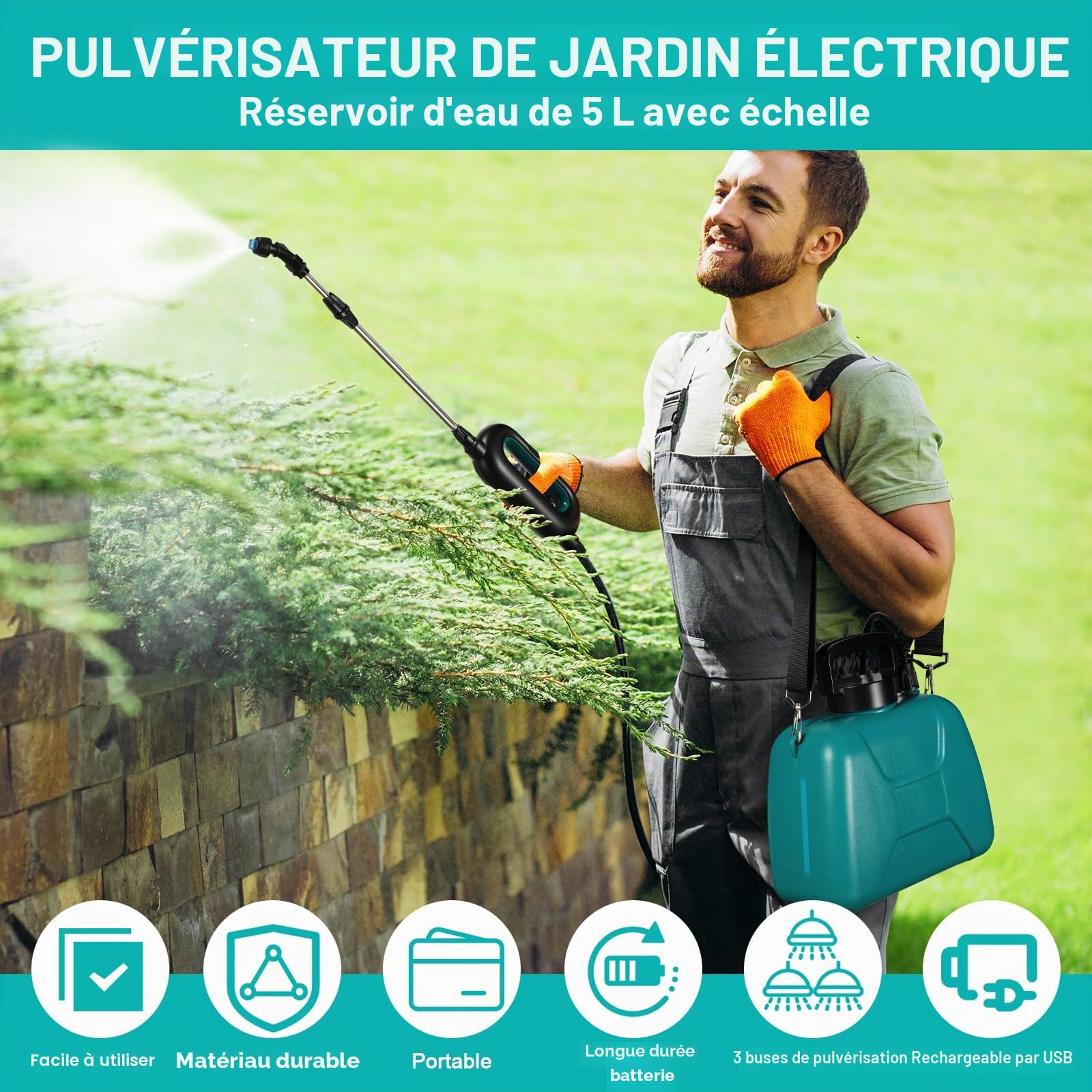 TLGREEN Pulverisateur Electrique à Batterie 8L, 7.4V/2000 mAh Pulverisateur de Jardin avec 3 Buses Réglable, Pistolet pulvérisateur télescopique pour Pelouse, Cour pulvérisation des Plantes de Jardin