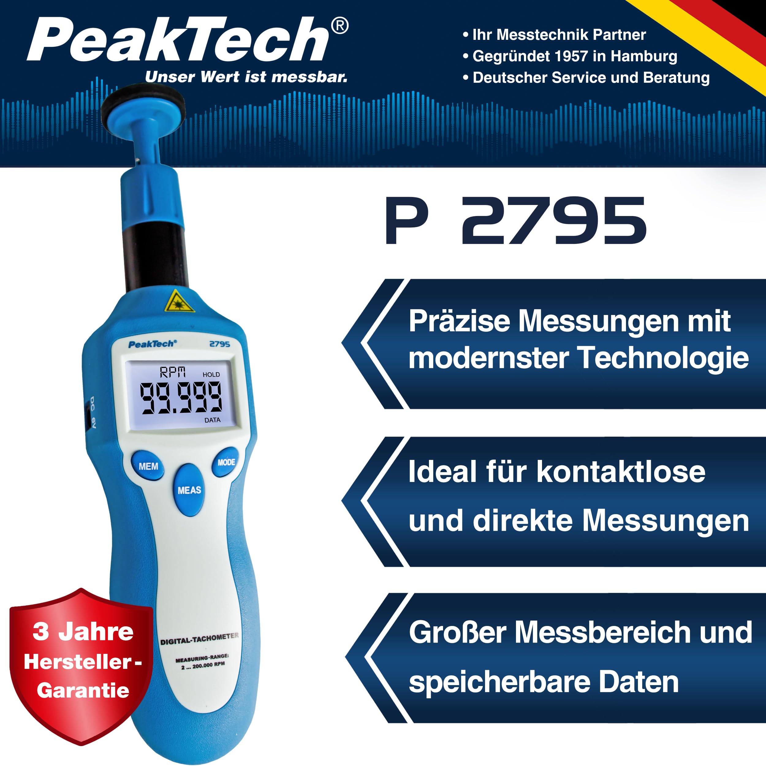 Peaktech P 2795 - Tachimetro, Display LCD a 5 Cifre, Misurazione della Velocità, Protezione in Gomma, Selezione Automatica del Campo di Misurazione, Visualizzazione del Livello Batteria - 160G