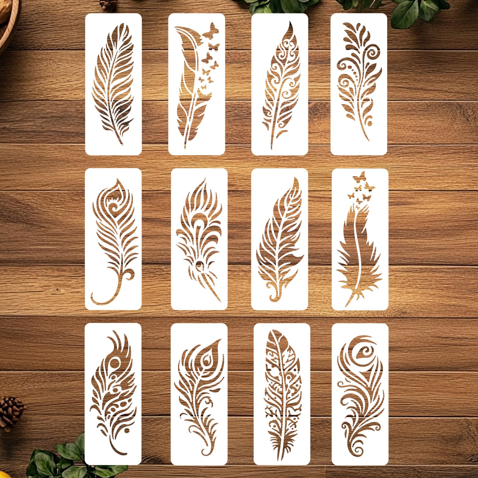 ORIGACH 12 Pcs 11.81 x 4.72 Inches Feathers Stencil Reusable Feathers Stencil DIY Wall Template Crafts for Painting on Walls, Furnitures, Canvas