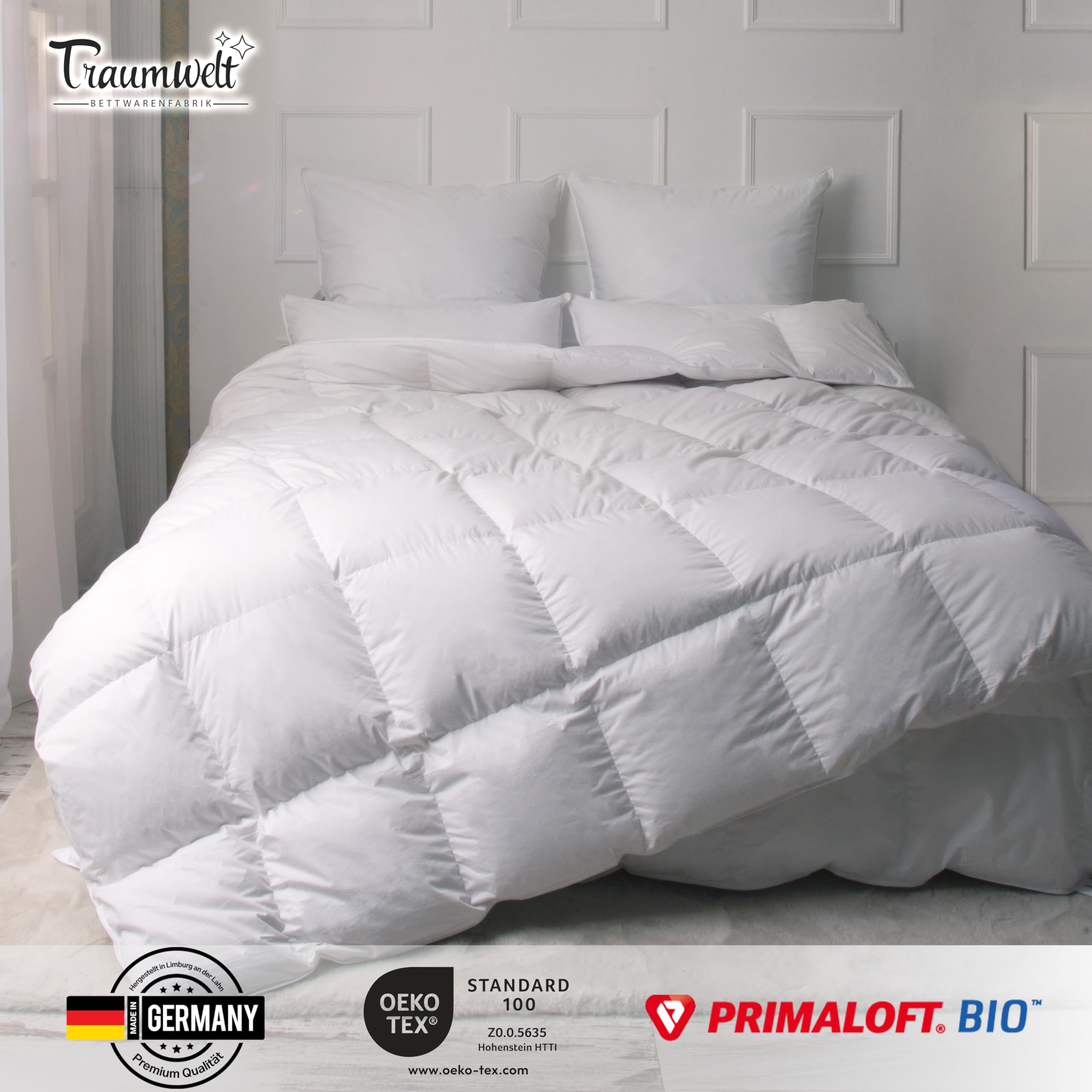 Taumwelt Natur Made in Germany Bettdecke 240x220 cm, Daunenalternative mit Primaloft Bio Mikrofasern-Füllung, für alle Jahreszeiten, Füllgewicht: 1220g, weiß, Allergiker geeignet, Öko-Tex 100