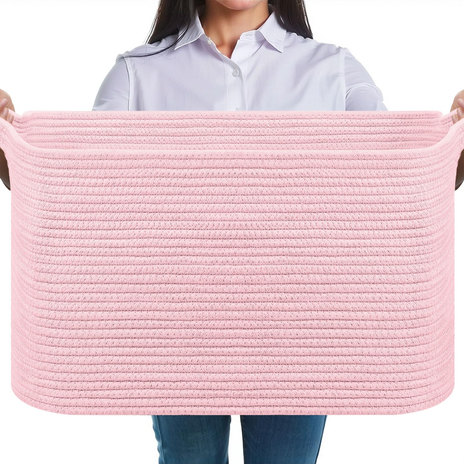 JOJOSEE Large Storage Basket, Blanket Basket for Clothes Bedding, Woven Storage Baskets, Toy Storage for Kids, Rope Basket for Living Room, Nursery, Bedroom 55x38x30 cm (Pink, 1 Pack) โ image 1