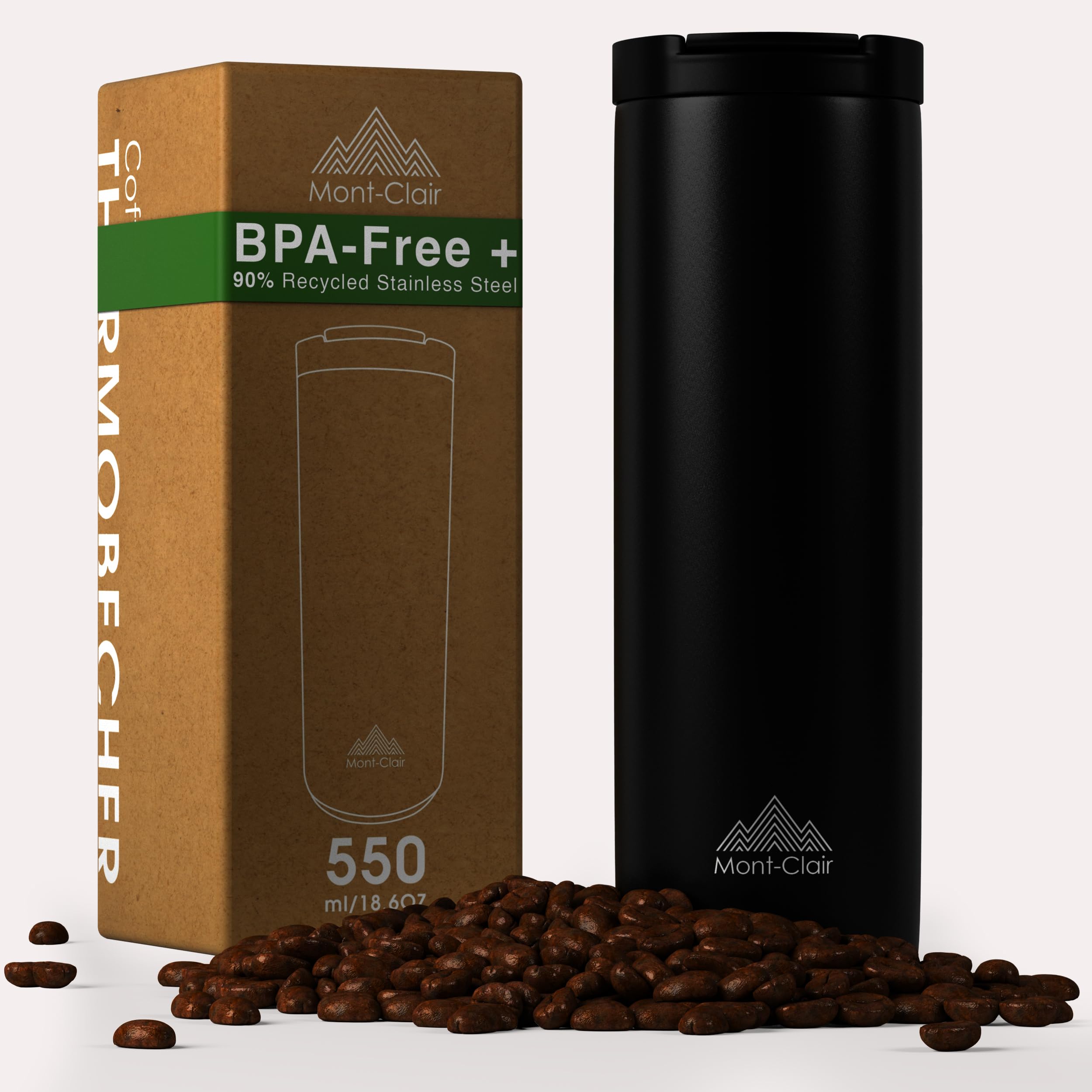 Mont-Clair Insulated Coffee Cup Travel Mug 550ml - Coffee Mug - 100% Leak-Proof - Keeps hot for 12 Hours - Travel Cup - Made of Recycled Stainless Steel (Black)