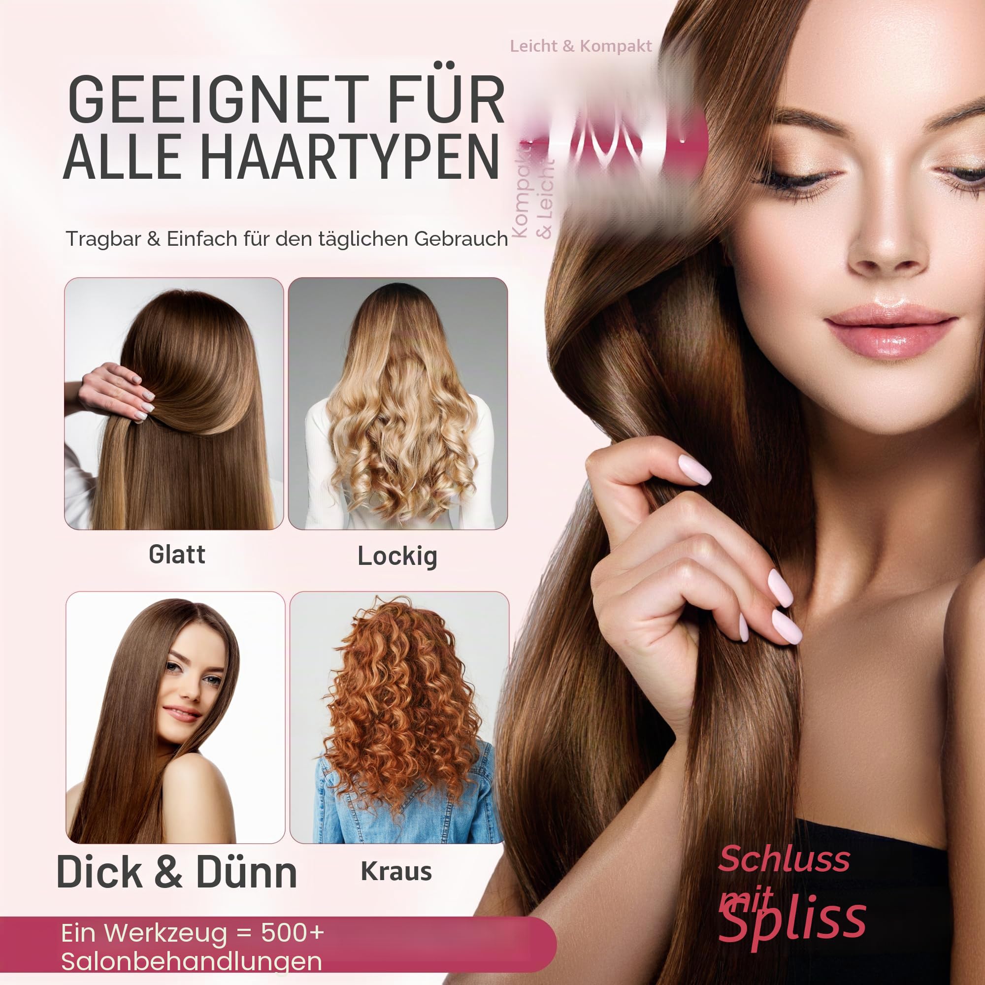 Split Ender Mini - Haarschneider für gespaltene Spitzen | Für trockenes, strapaziertes, brüchiges, glattes, lockiges und krauses Haar | Haarpflege- und Schönheitsstyling-Werkzeuge - Hellrosa