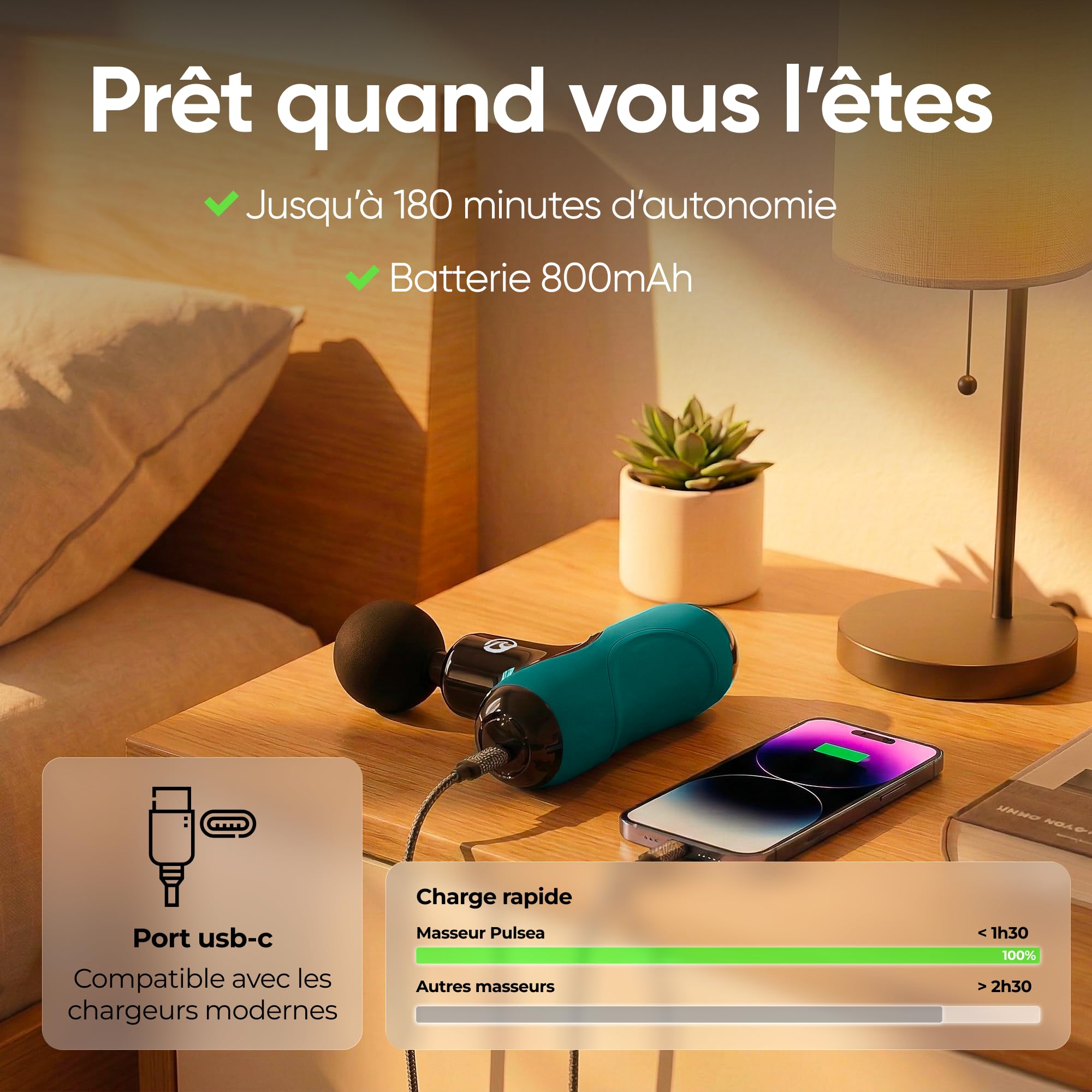 Mini Pistolet de Massage Musculaire Pulsea – 5 Vitesses, Massage Profond, Ultra Silencieux <45dB, Rechargeable USB-C, 5 Embouts, Compact & Portable pour Sport et Récupération (Vert)