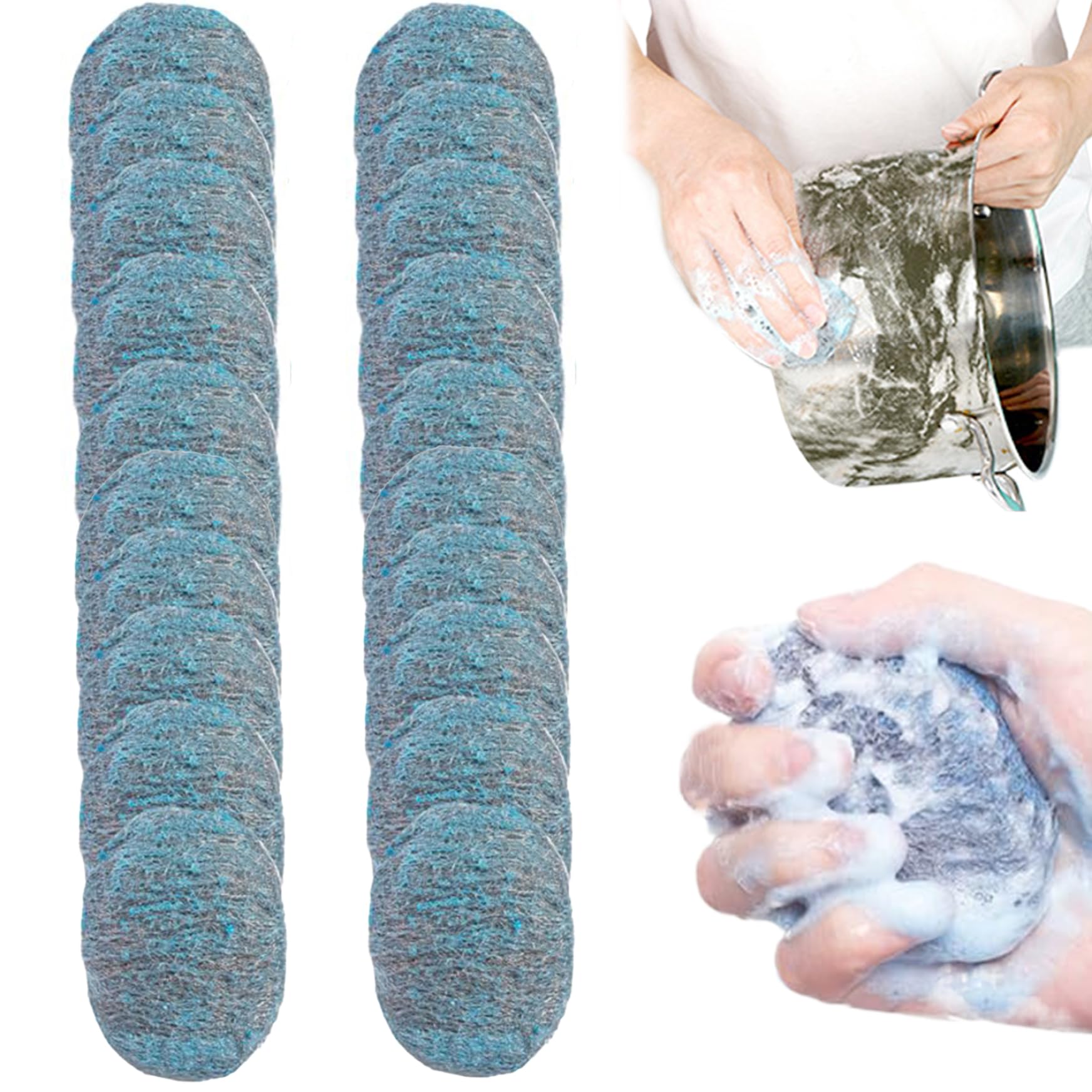 Hperu Steel Wool Scrubber, 20Pcs Pre-Soaped Absorbent Scouring Pads for Kitchen Dishes Grills Blue - Steel Wool Soap Pads