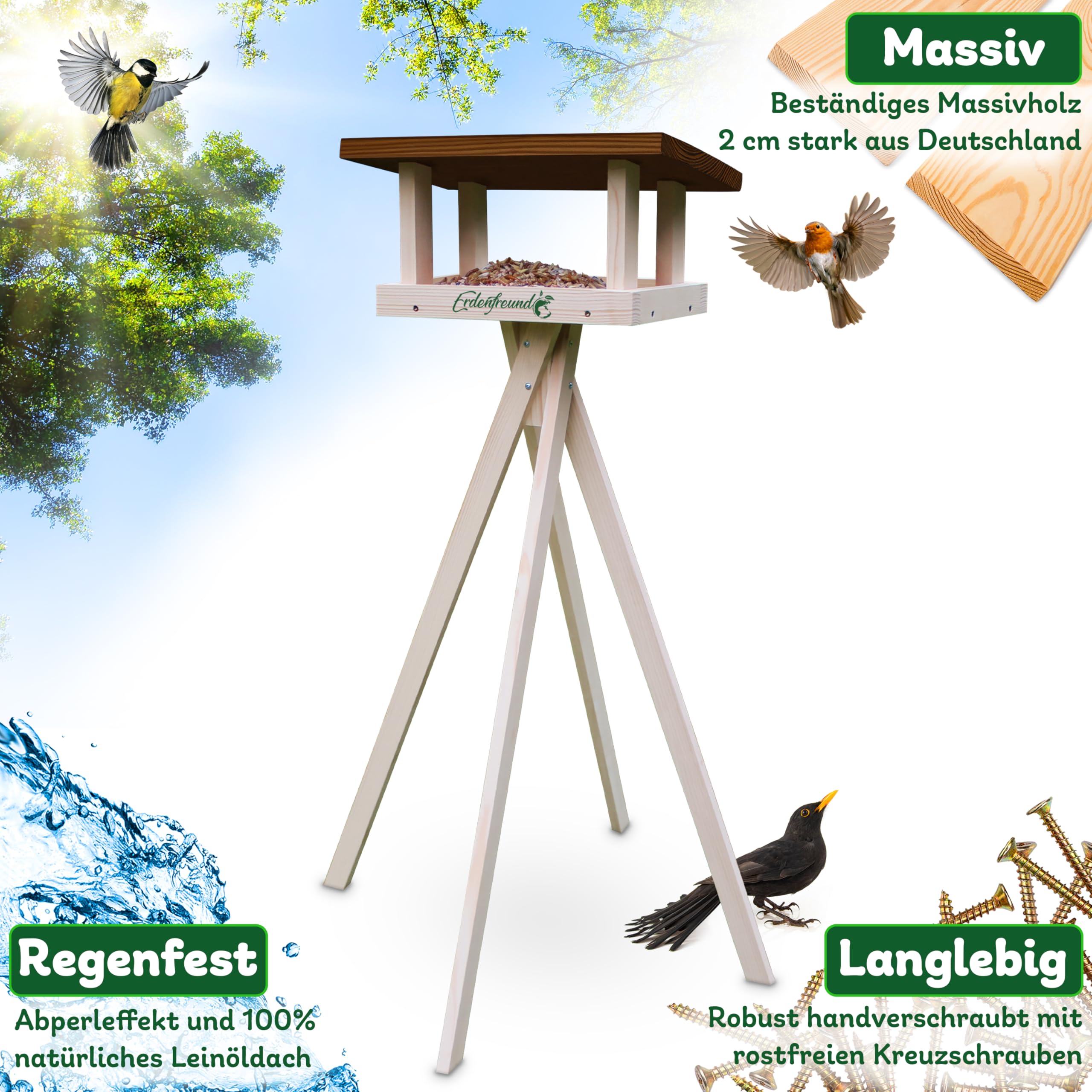 ERDENFREUND® Vogelhaus mit Ständer wetterfest +2 Näpfe Futterhaus für Vögel mit Rundumblick räubersicher Vogelfutterhaus 1,20m fertig montiert (Vogelhaus stehend +2er Wasser-/Futternapf hygienisch)