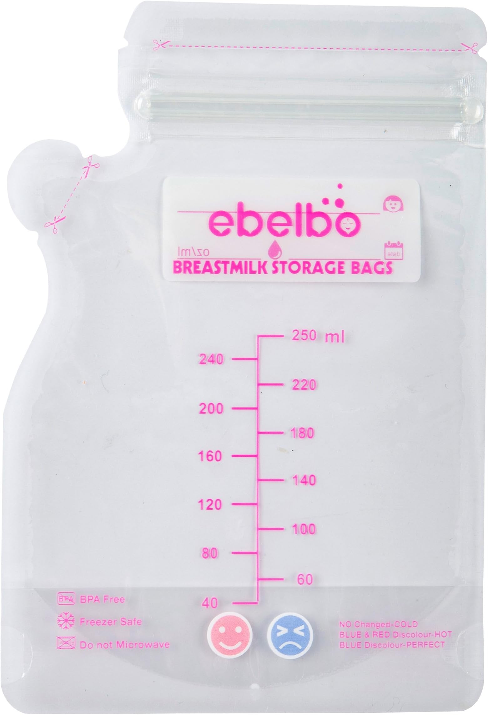 EBELBO 3.5/6.8/8.5/10.2 Oz Breastmilk Storage Bags Breastfeeding Breast Milk Bag BPA Free Pre-sterilized Freezer Safe Leak Proof Self-Standing with Accurate Measurements 30 Count, 8.5oz/250ml