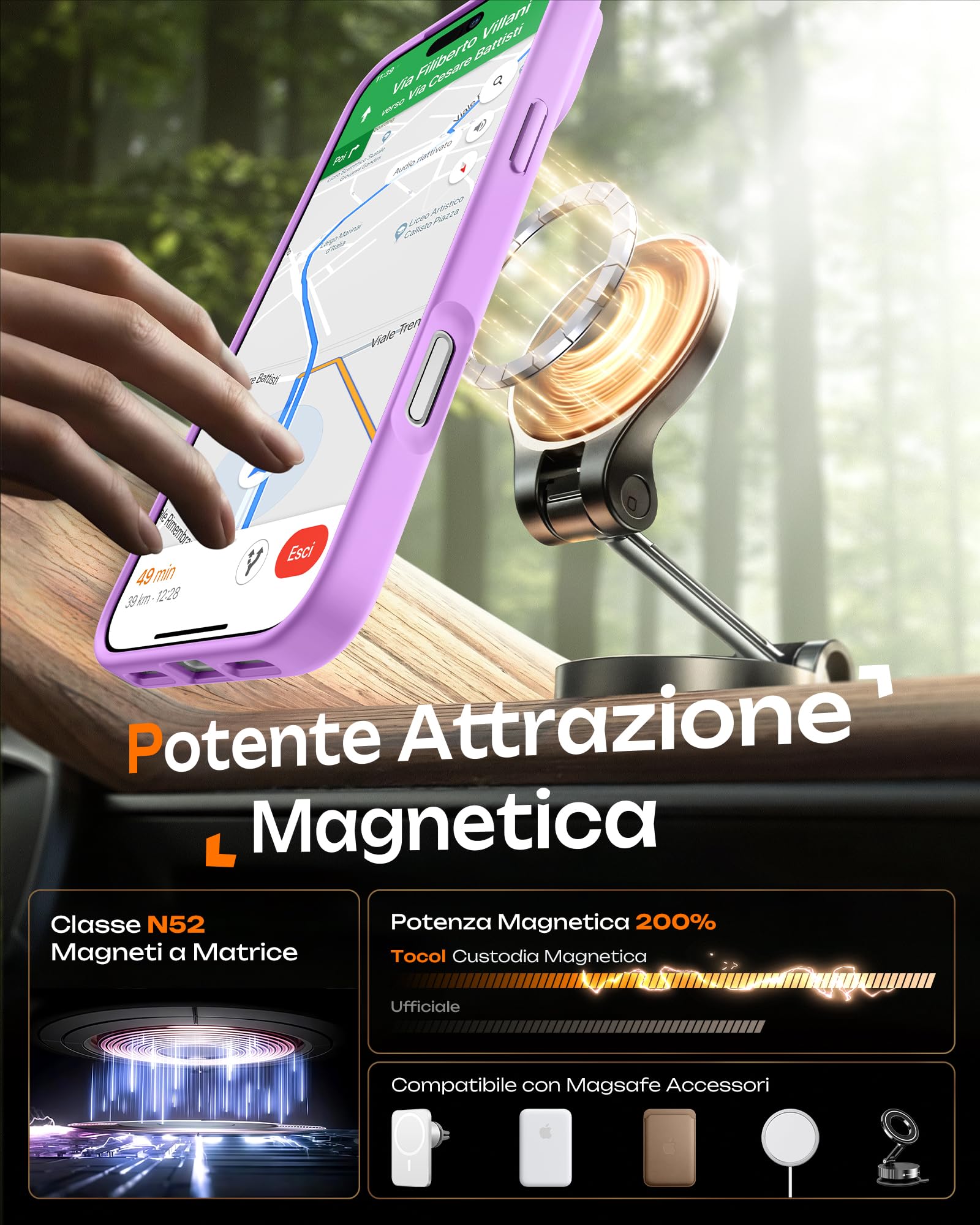 TOCOL Cover Magnetica per iPhone 17 Pro 6,3 Pollic, Compatibile con MagSafe, Anello Magnetico Incorporato, Protezione Fotocamera Integrata, Custodia Antiurto Traslucida Opaca, Viola Chiaro