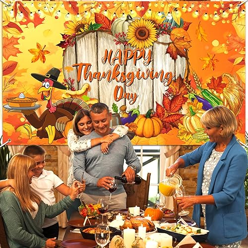 Miniatura 4 de Cartel grande de feliz día de Acción de Gracias para exteriores, pavo, calabaza, hojas de arce, telón de fondo para patio, decoración de fondo de