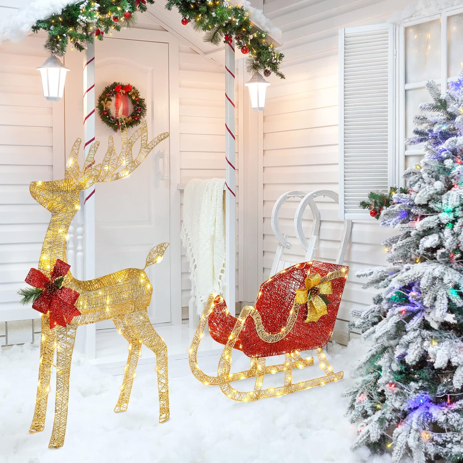 Bonnlo Lighted Reindeer and Sleigh Christmas Outdoor Decorations Prelit 180 LED Lights, Weather