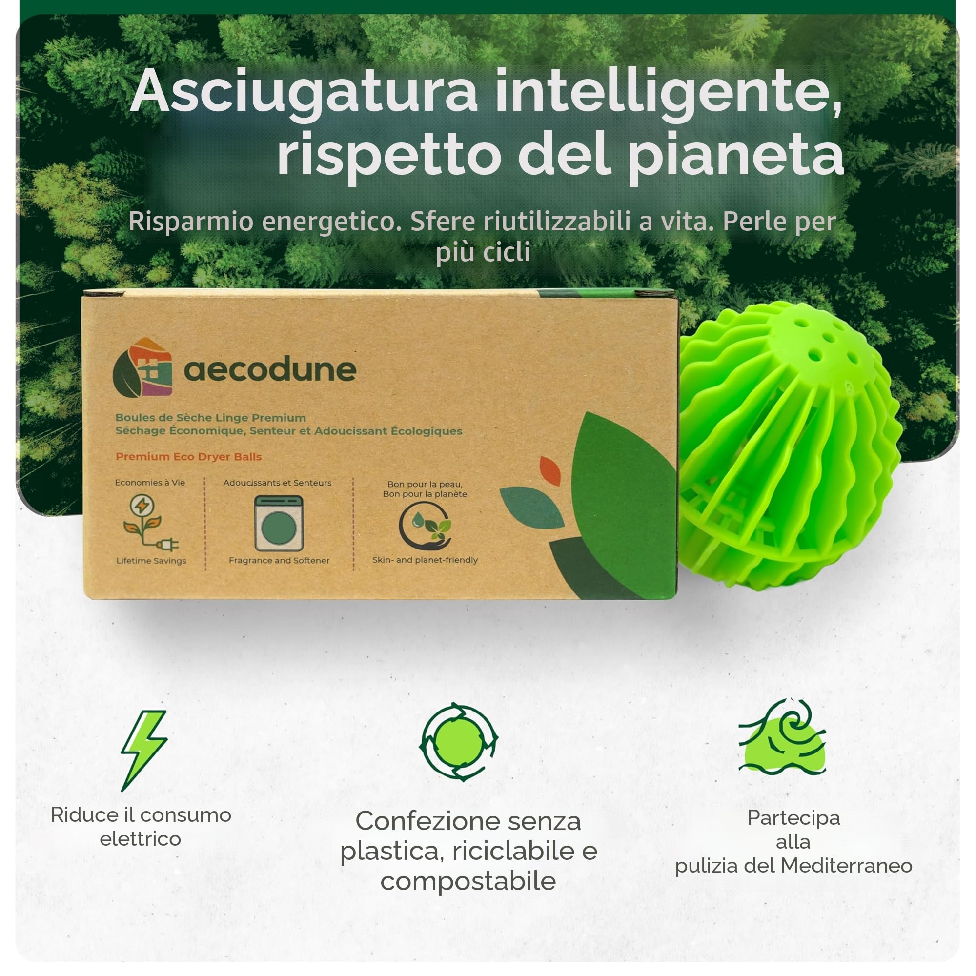 aecodune Palla Asciugatrice Innovativa, 2x Palla per Asciugatrice Riutilizzabile – Riduce il Tempo di Asciugatura - Ammorbidente per Biancheria e Profumo di Bucato - Ingredienti Naturali ed Economie