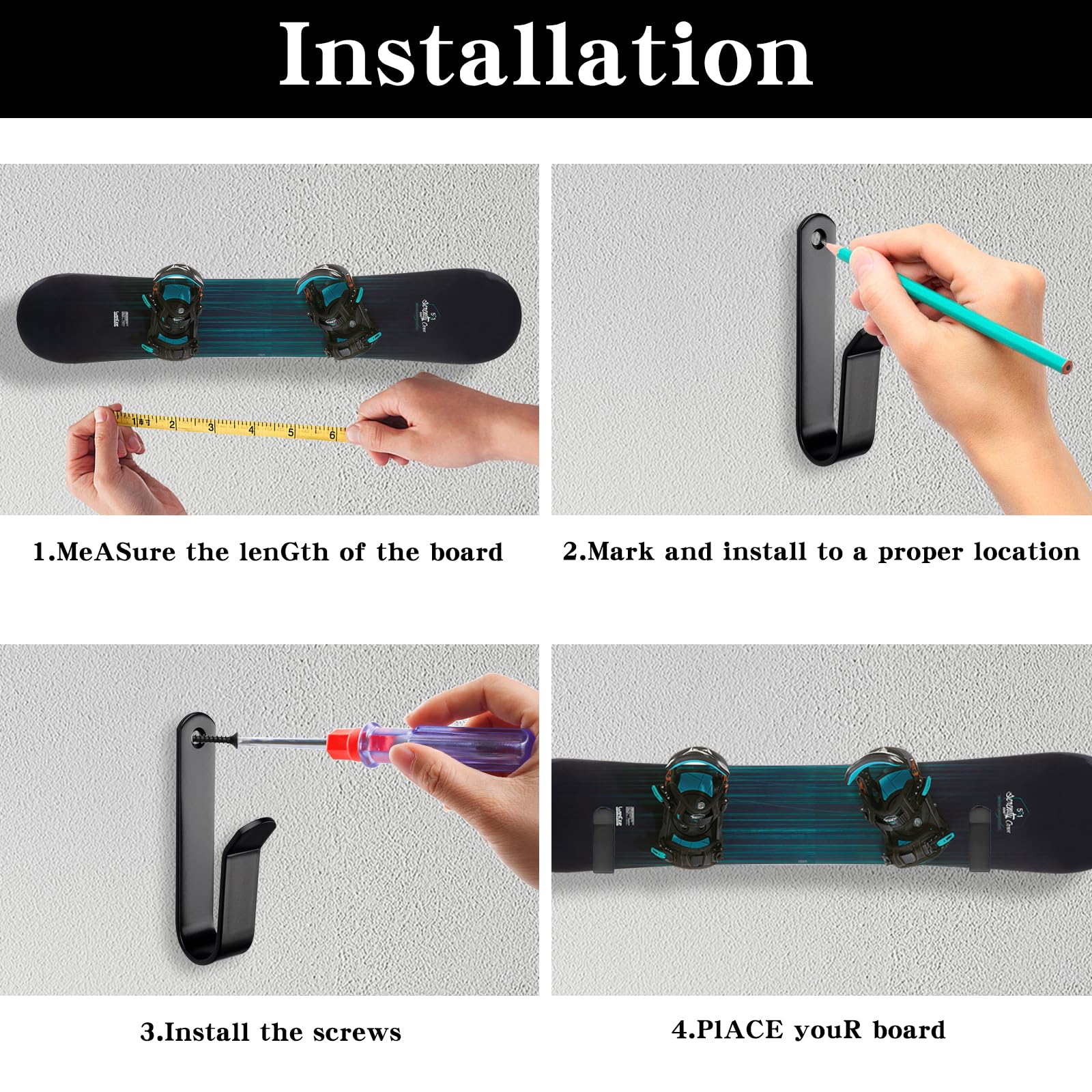 Soporte de Pared para monopatín Negro con Tornillos de fijación para Snowboard, Longboard, esquís