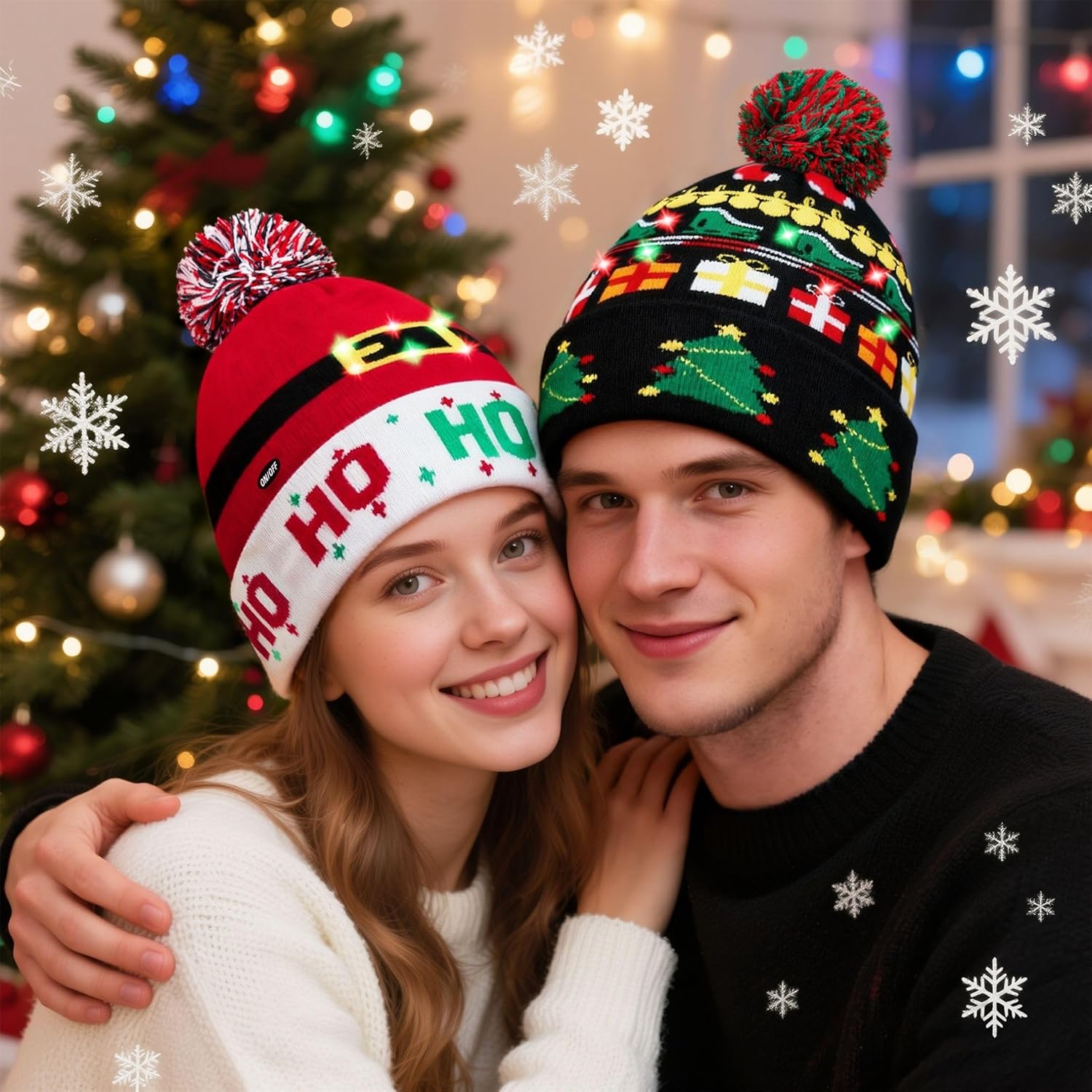 Christmas Hat 2 Pack Light Up Knitted Beanie Hat Xmas Santa Holiday Cap LED Lights - Image 2